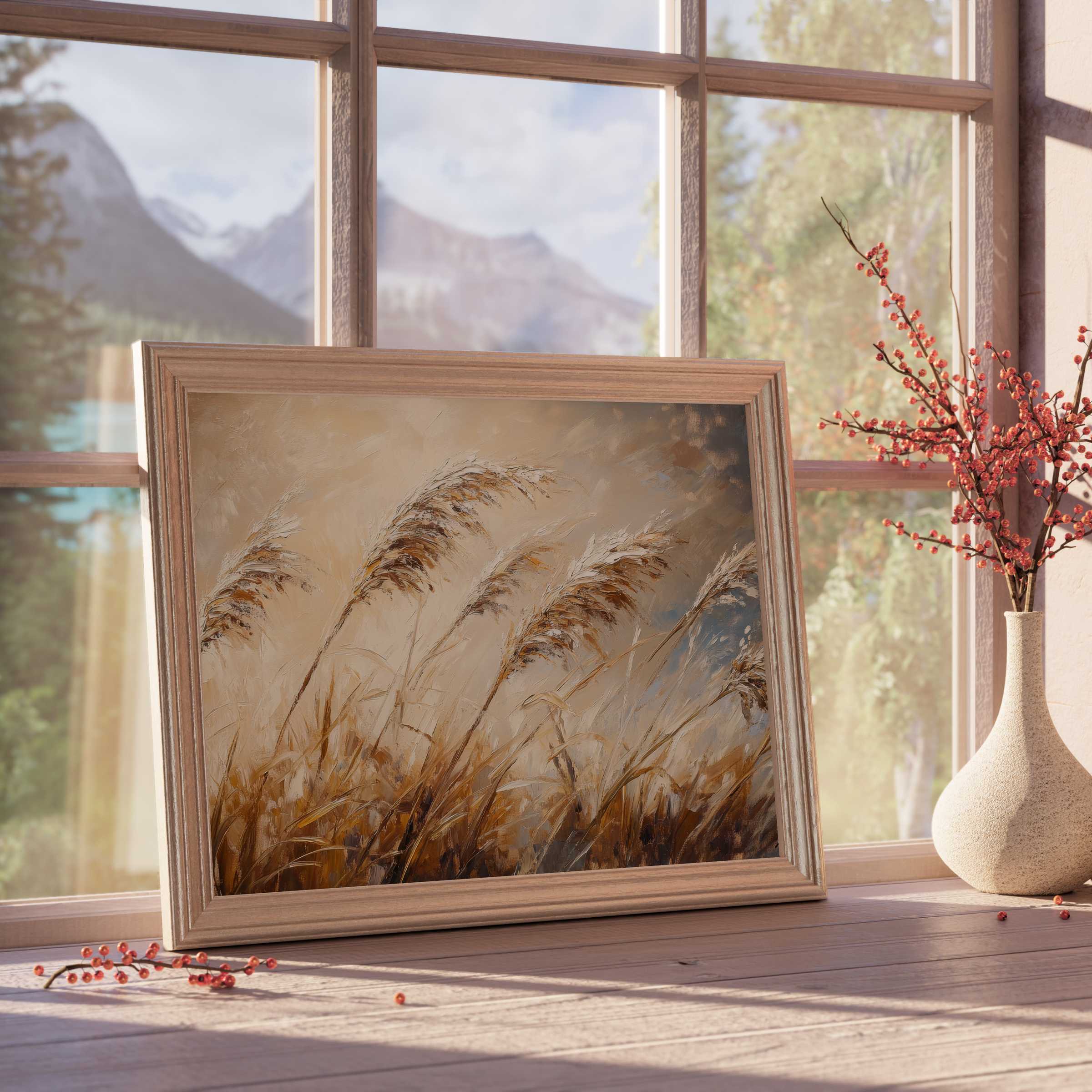 Botanical downloadable art capturing warm, golden reeds swaying in soft light, perfect for tranquil, design-forward interiors