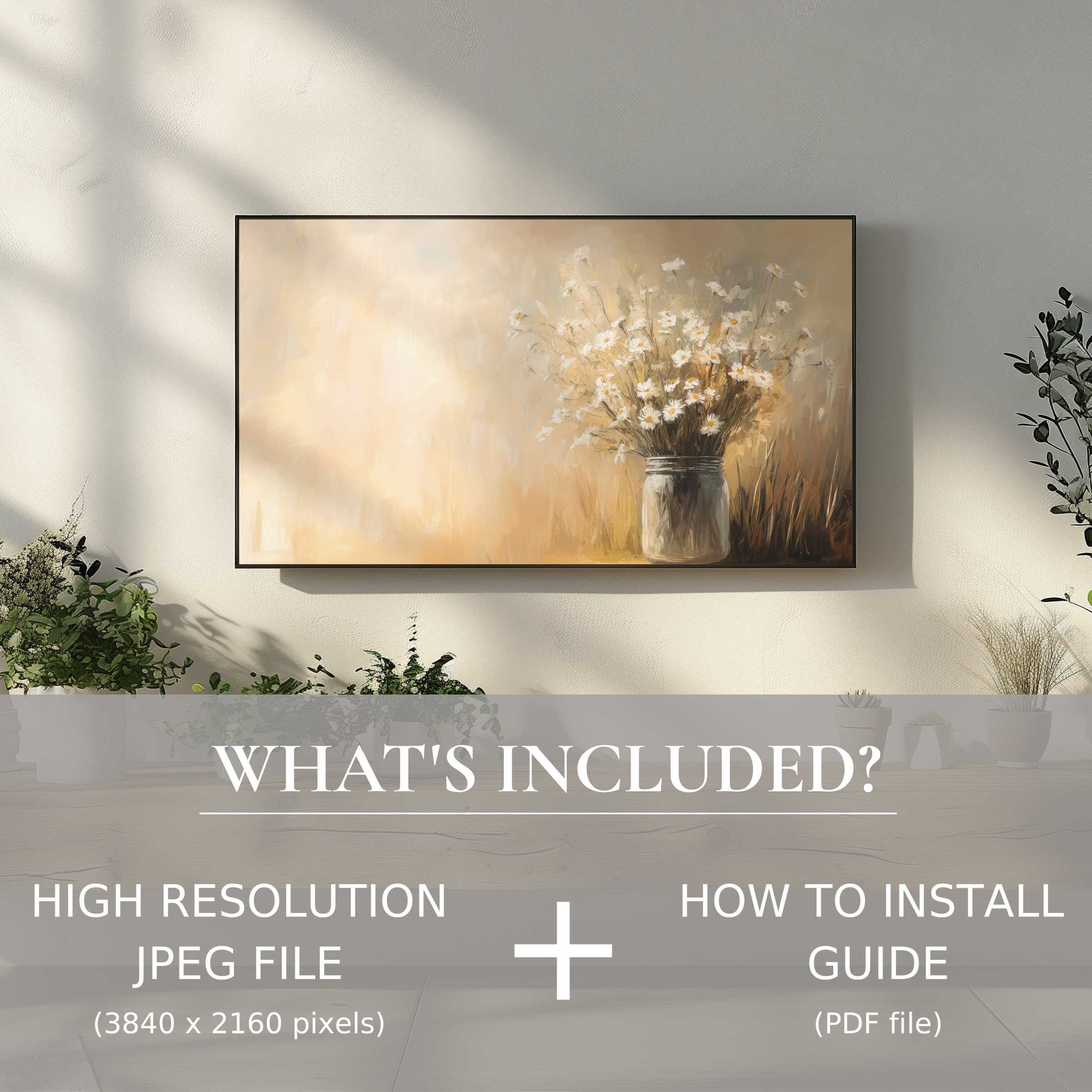 Elegant farmhouse digital TV art download with easy use, enhancing chic living spaces with serene floral beauty