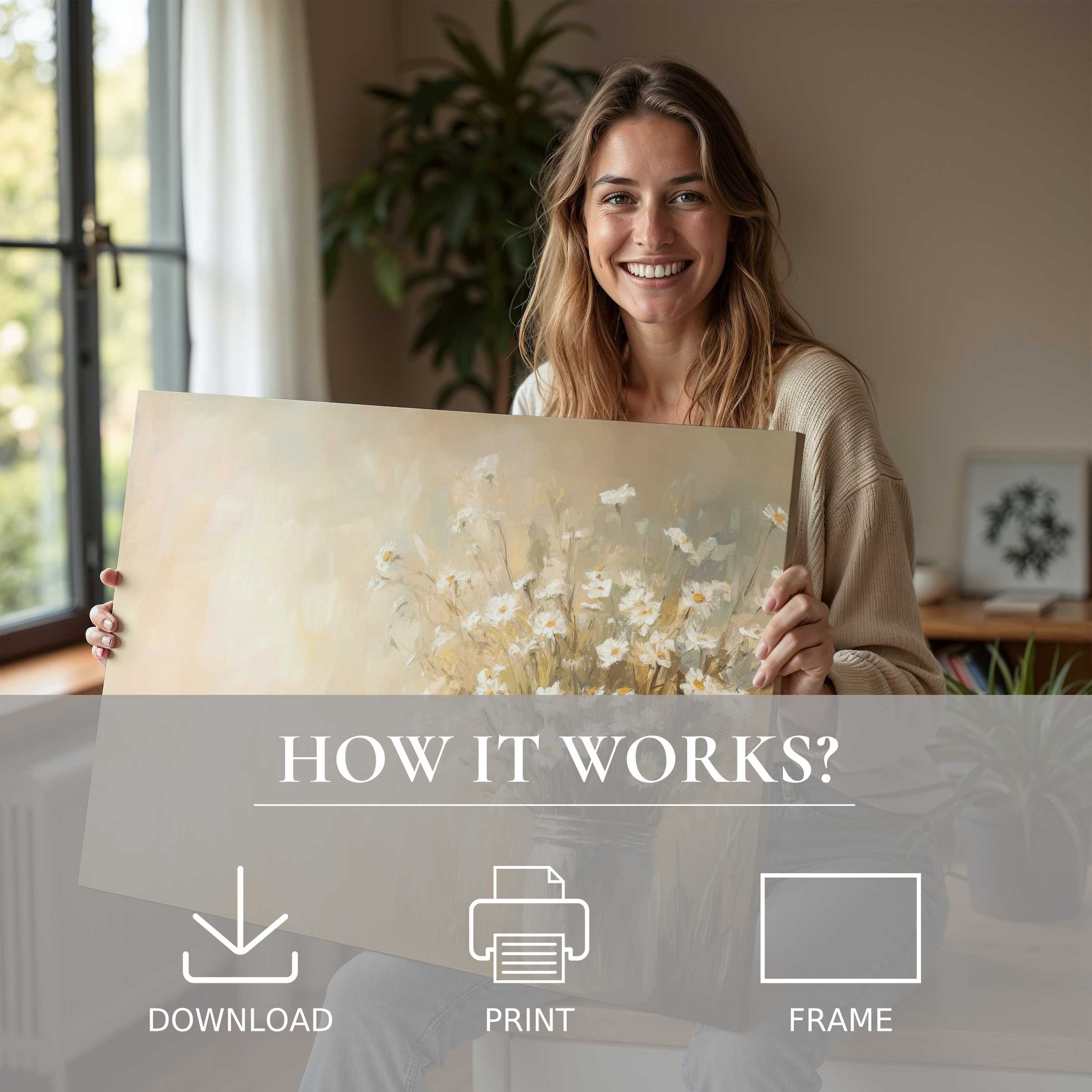Bright farmhouse digital art print embraced with joy, enriching a modern home with serene warmth and effortless elegance