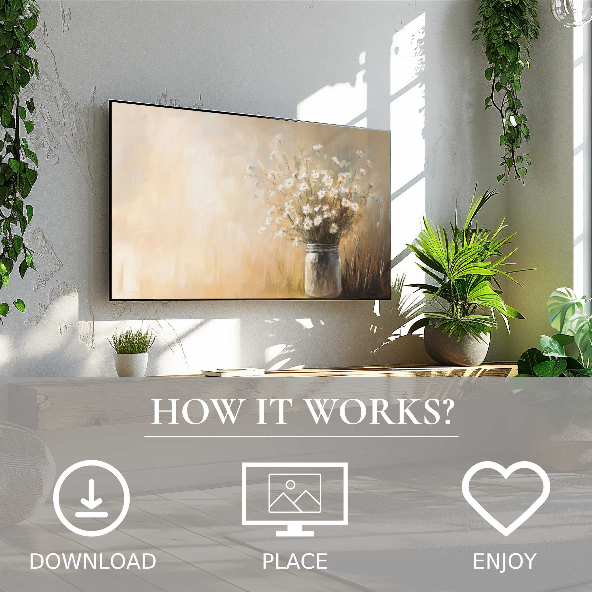 Modern living room with farmhouse art for Samsung TV; soft beige floral motif, easy digital download enriches space