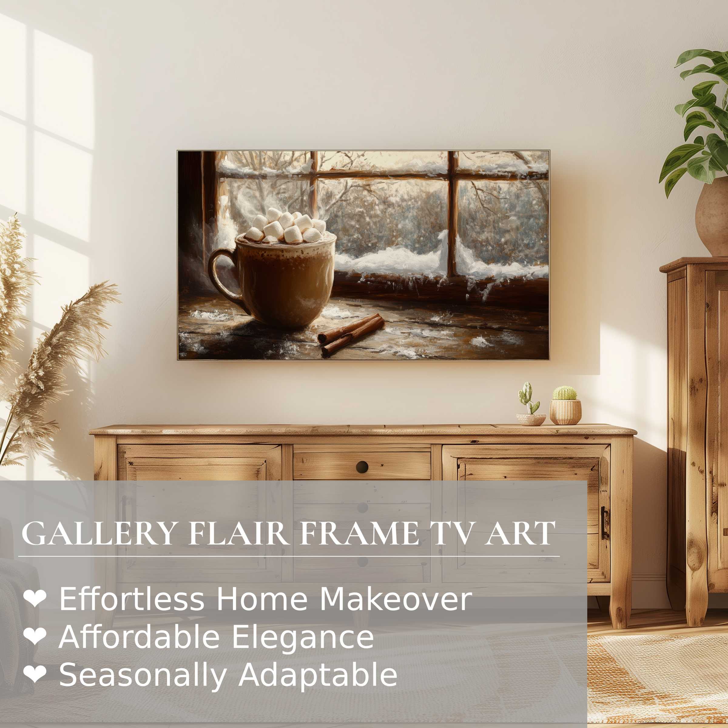 Samsung Frame TV displaying warm, cozy christmas digital artwork in a refined, modern rustic living space