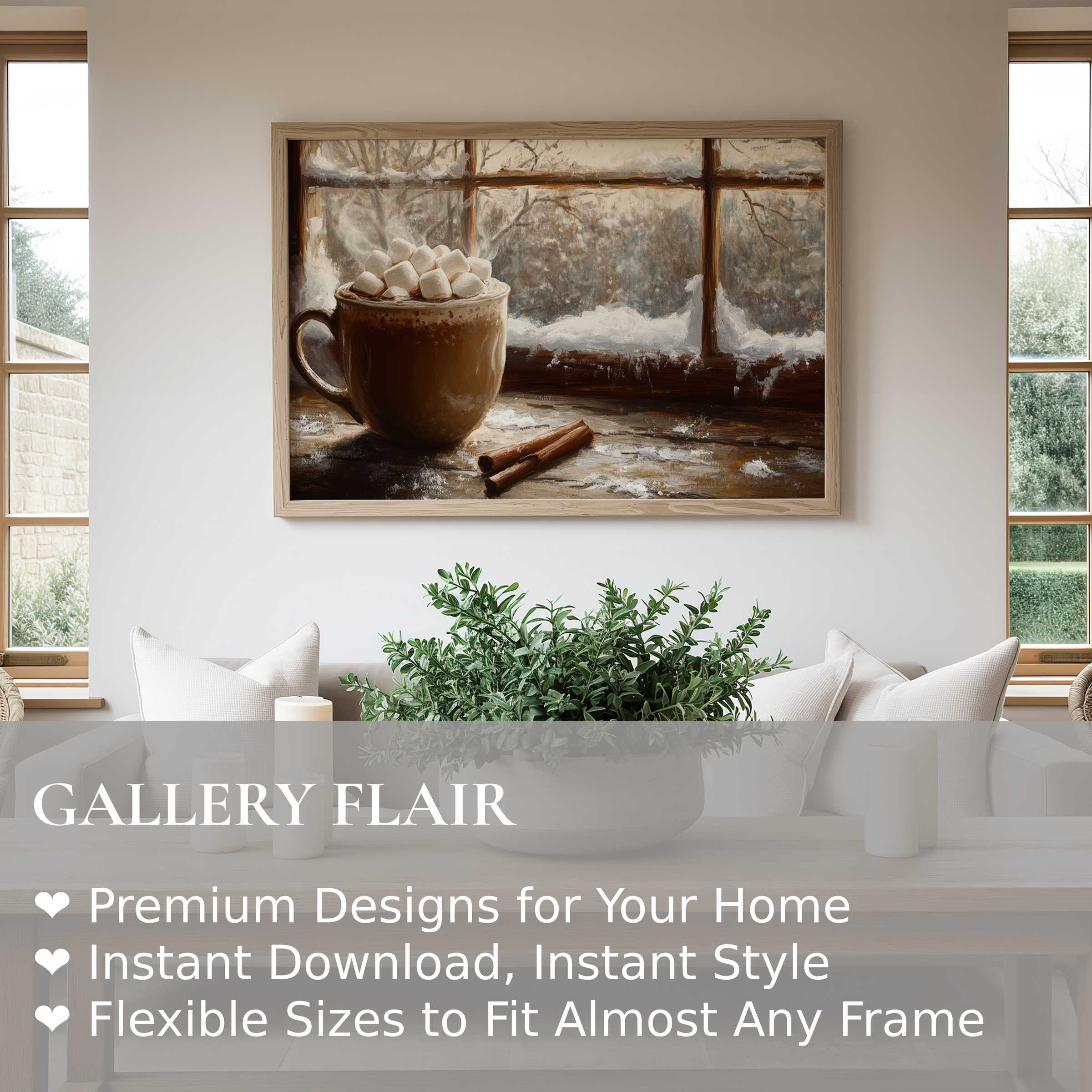 Christmas wall art print of a steaming marshmallow hot cocoa by a frosted window, radiating cozy warmth in minimalist, modern decor