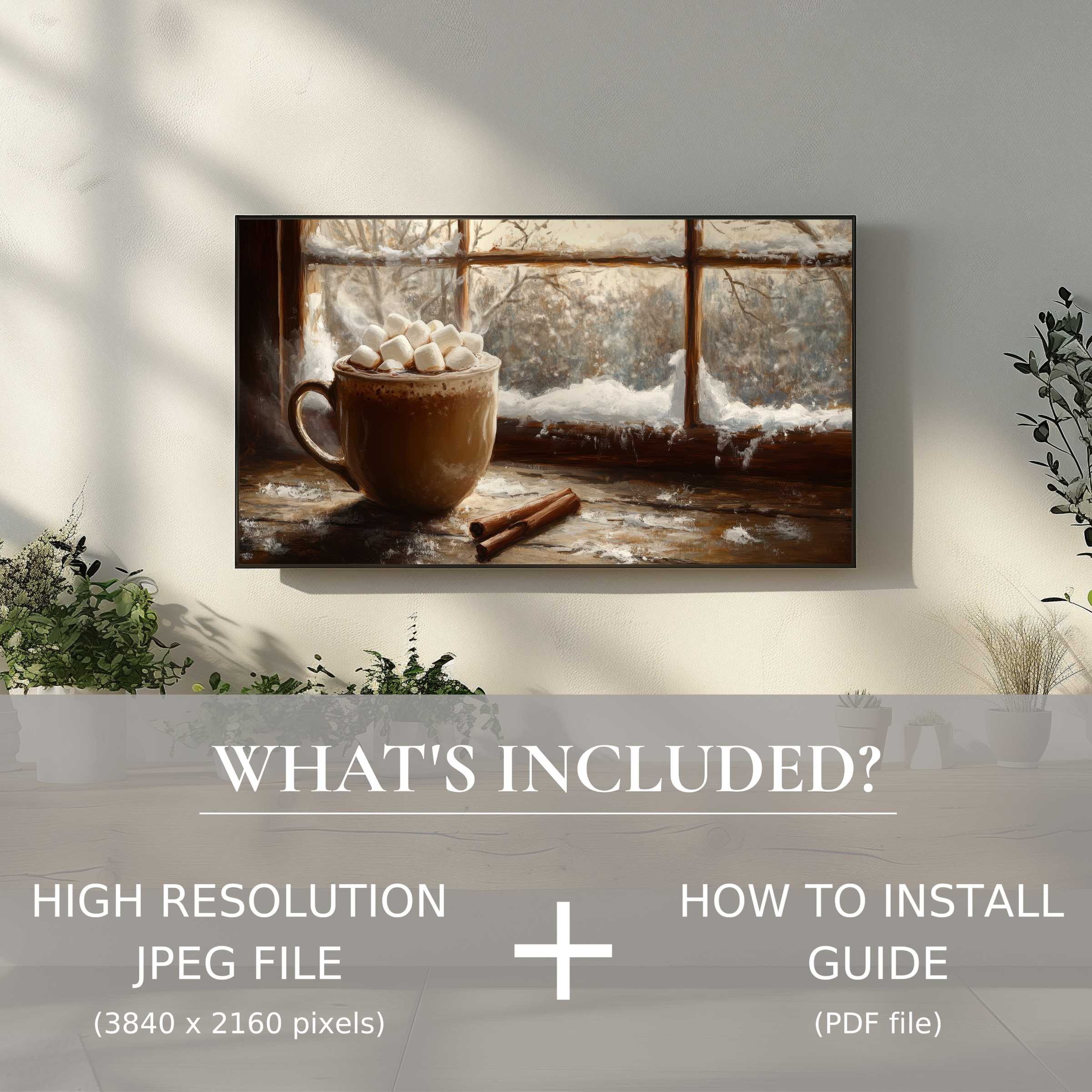 Elegant christmas digital TV art download with cozy window scene, easy digital use enhances stylish living space ambiance