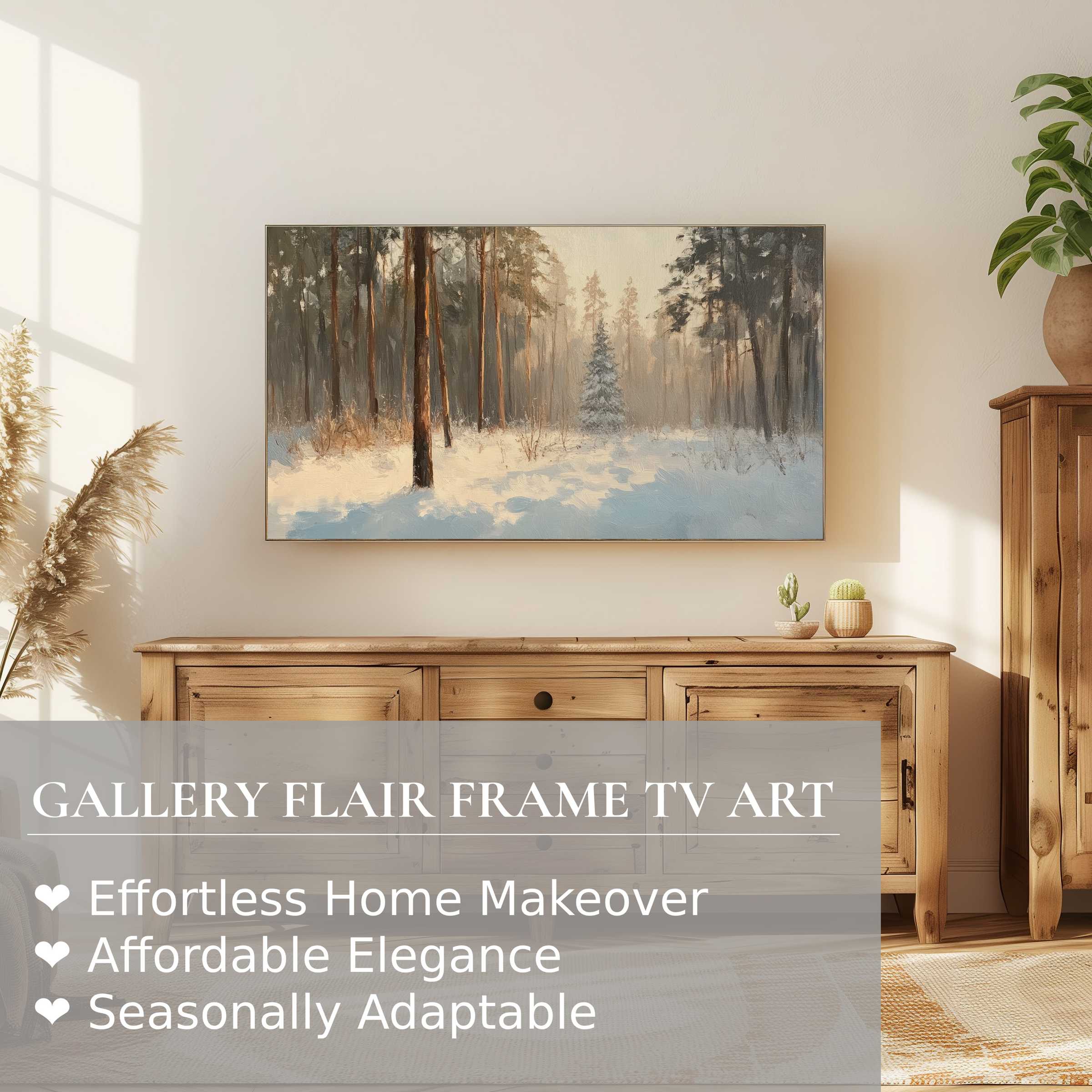 Samsung Frame TV displays refined winter digital artwork, blending serene forest beauty with elegant modern home decor