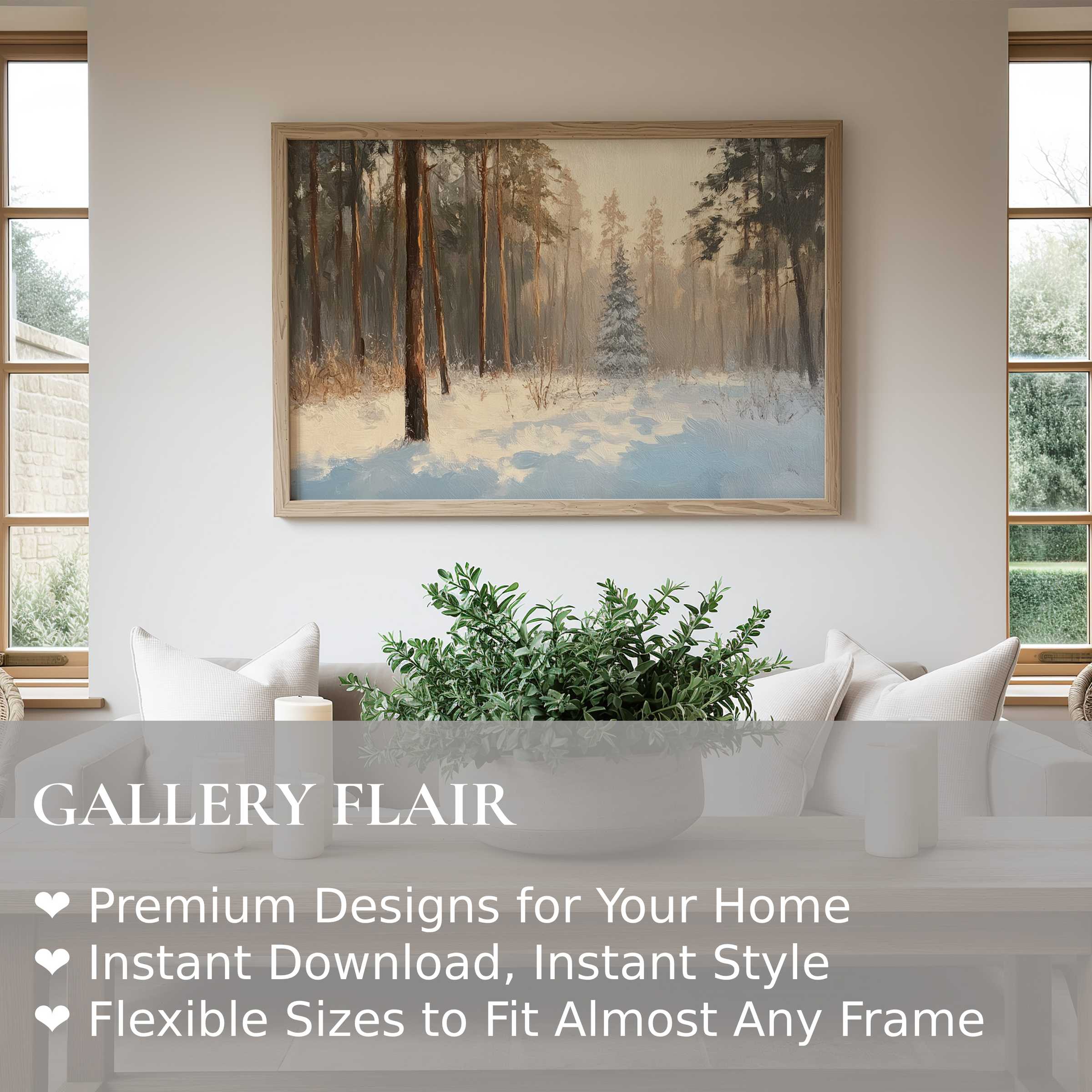 Winter wall art print capturing a serene snowy forest scene with soft, calming hues enhancing modern minimalist interiors
