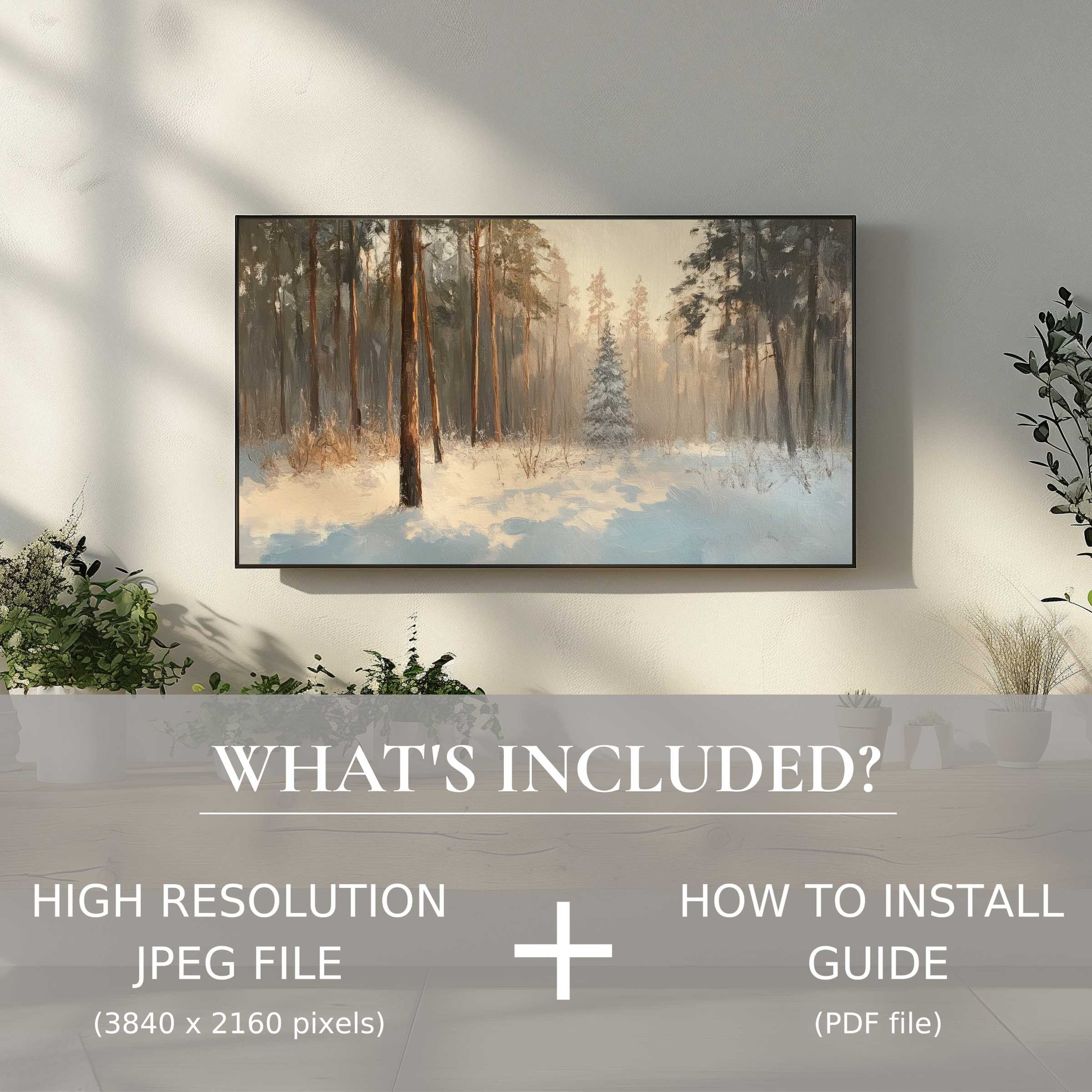 Elegant winter digital TV art download showcasing a serene snowy forest, enhancing living spaces with easy digital use
