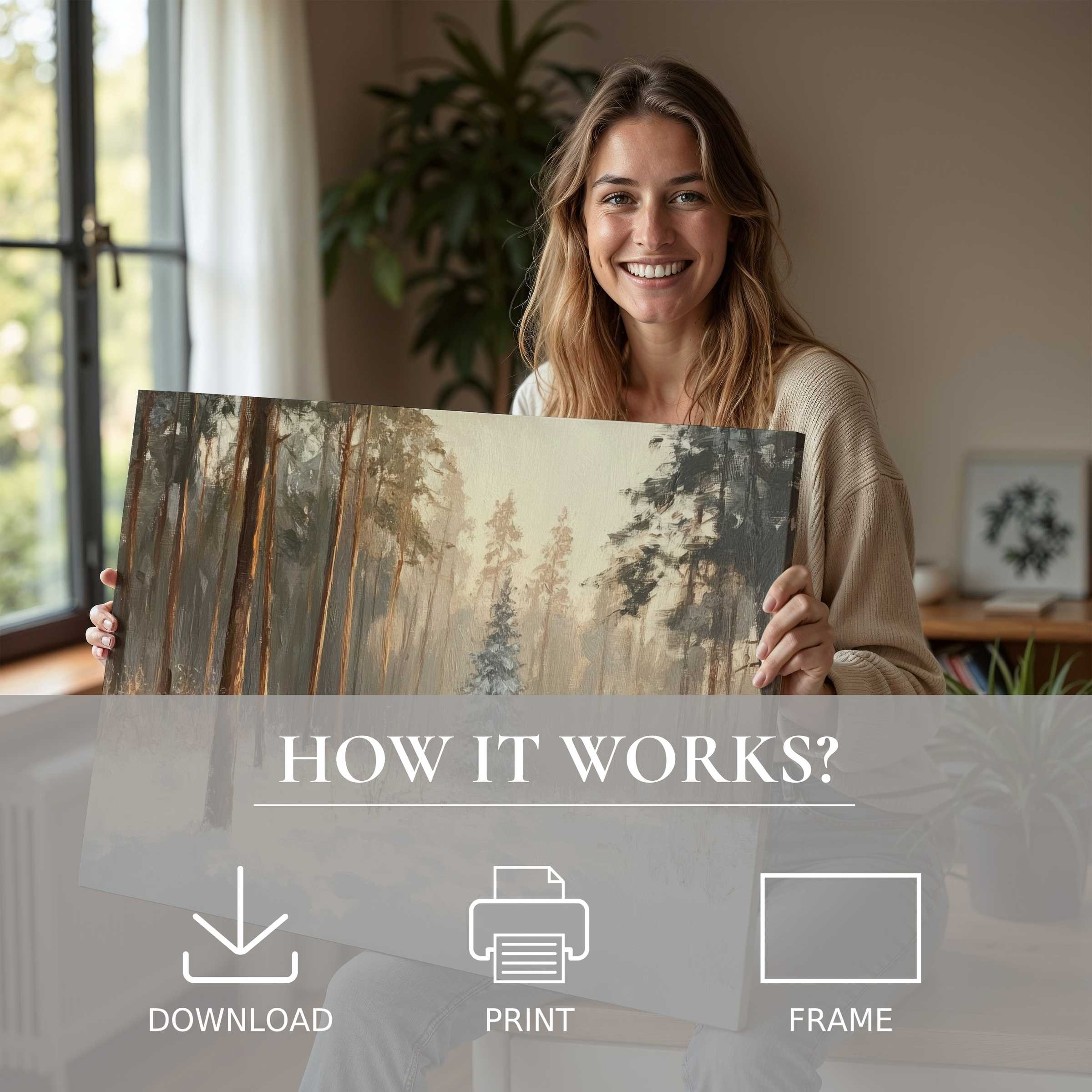 A woman radiates warmth in a modern living space, embracing a winter digital art print that transforms her home with timeless serenity and joy