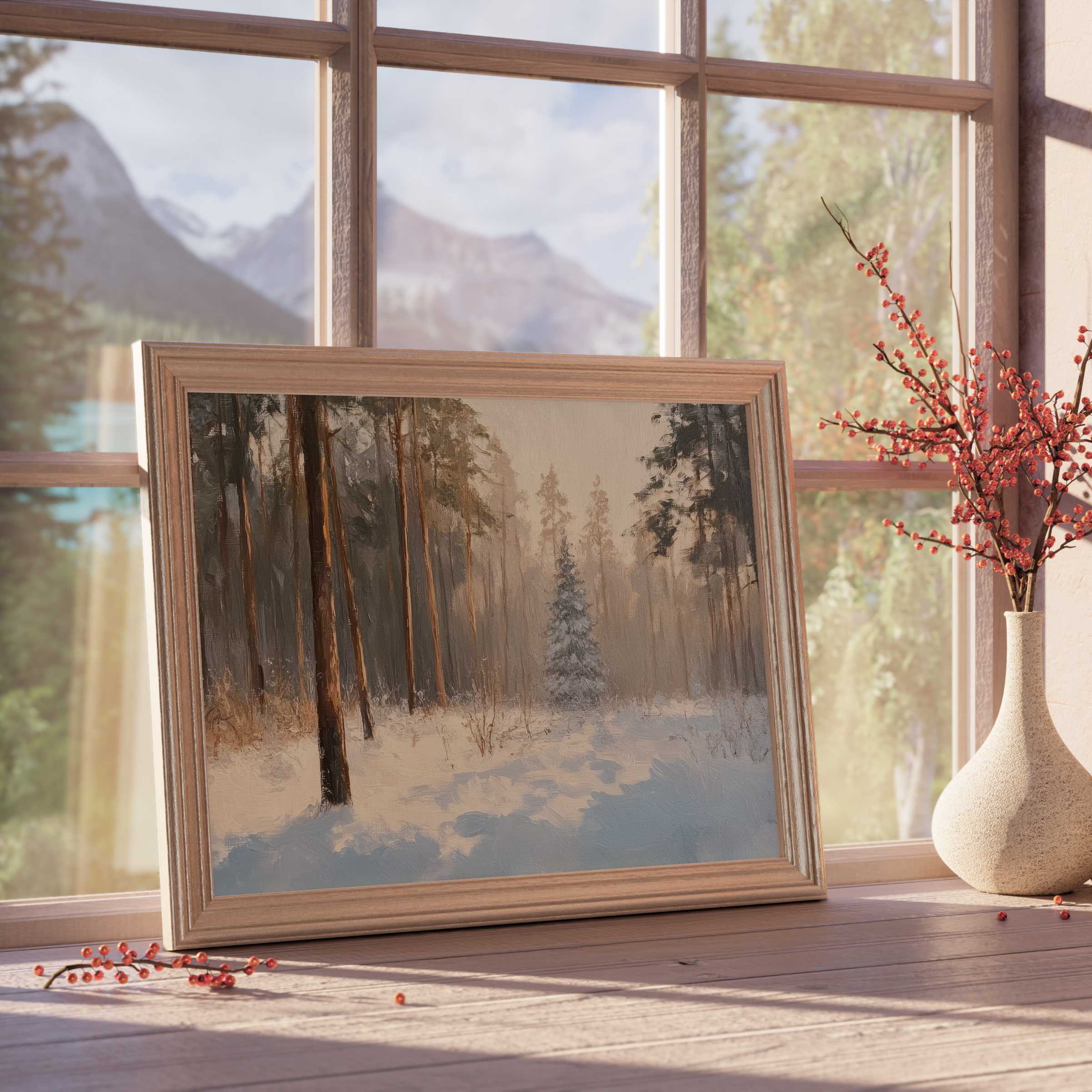 Winter downloadable art capturing a serene snow-covered forest, evoking calm elegance for curated, design-forward interiors