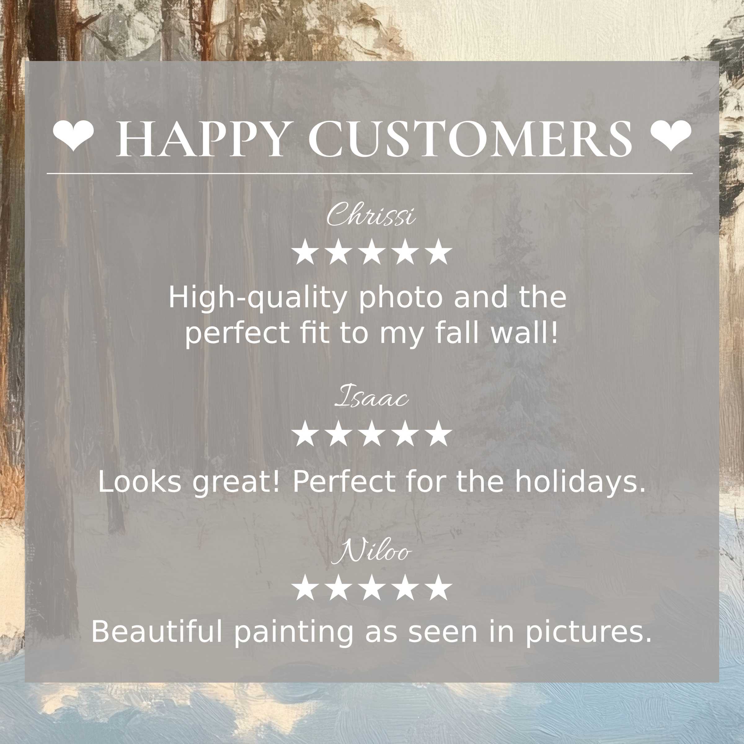 Winter art for Frame TV features soft forest tones with happy customer reviews, showcasing trust and elegance in design