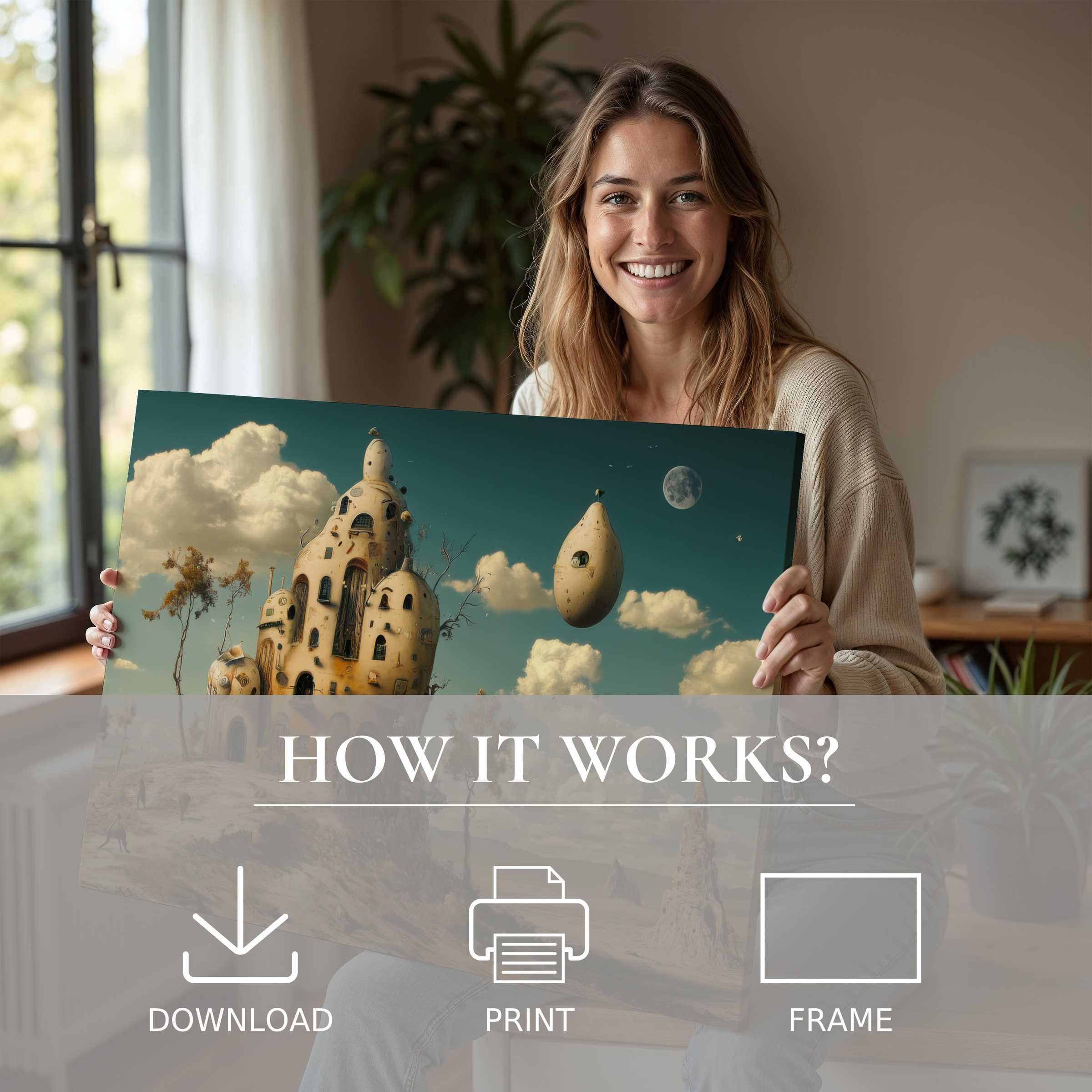 A modern digital art print brought to life in a stylish home, capturing serene joy and effortless elegance