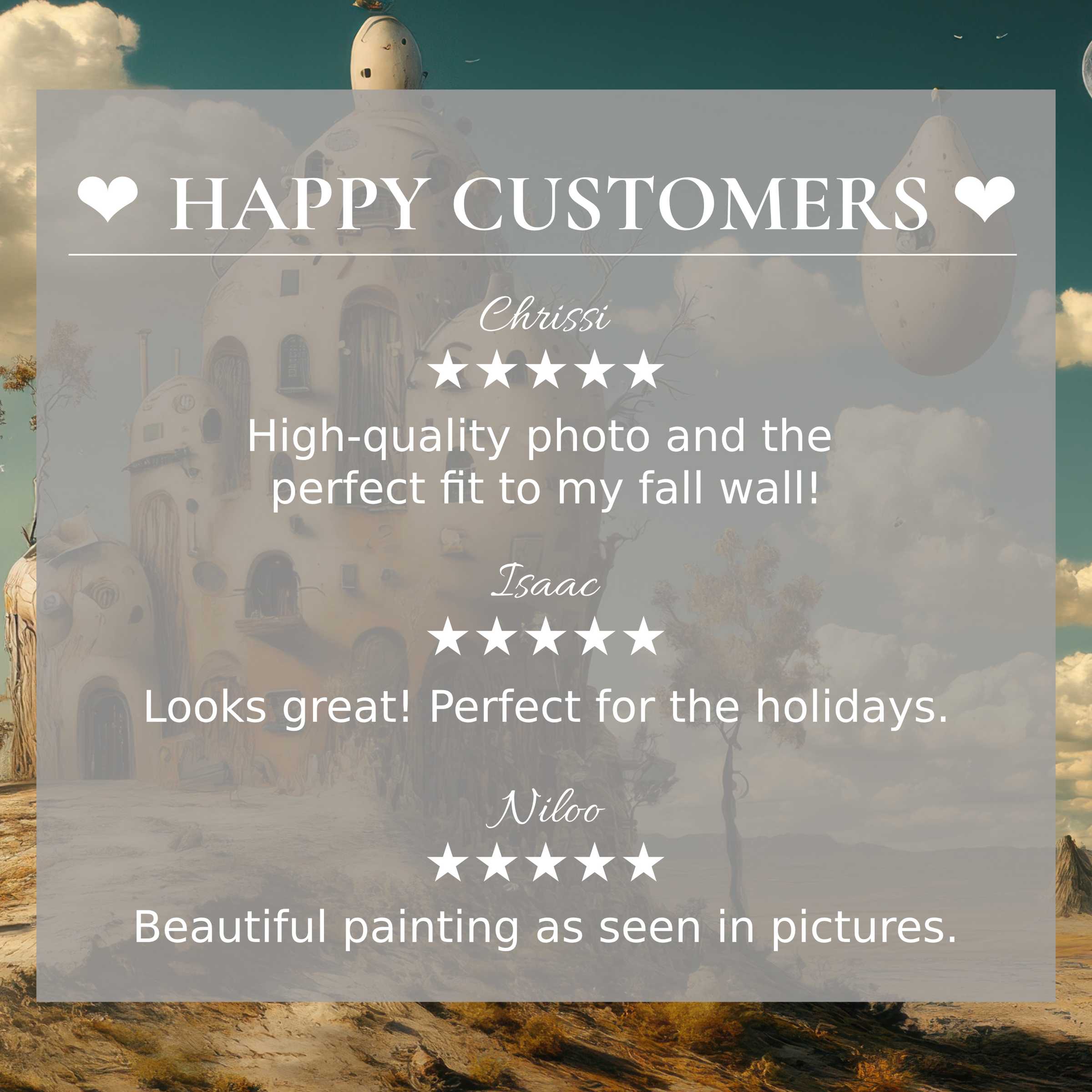 modern art for Frame TV with abstract sunset colors, showcasing happy customer reviews and elegant trust-building layout