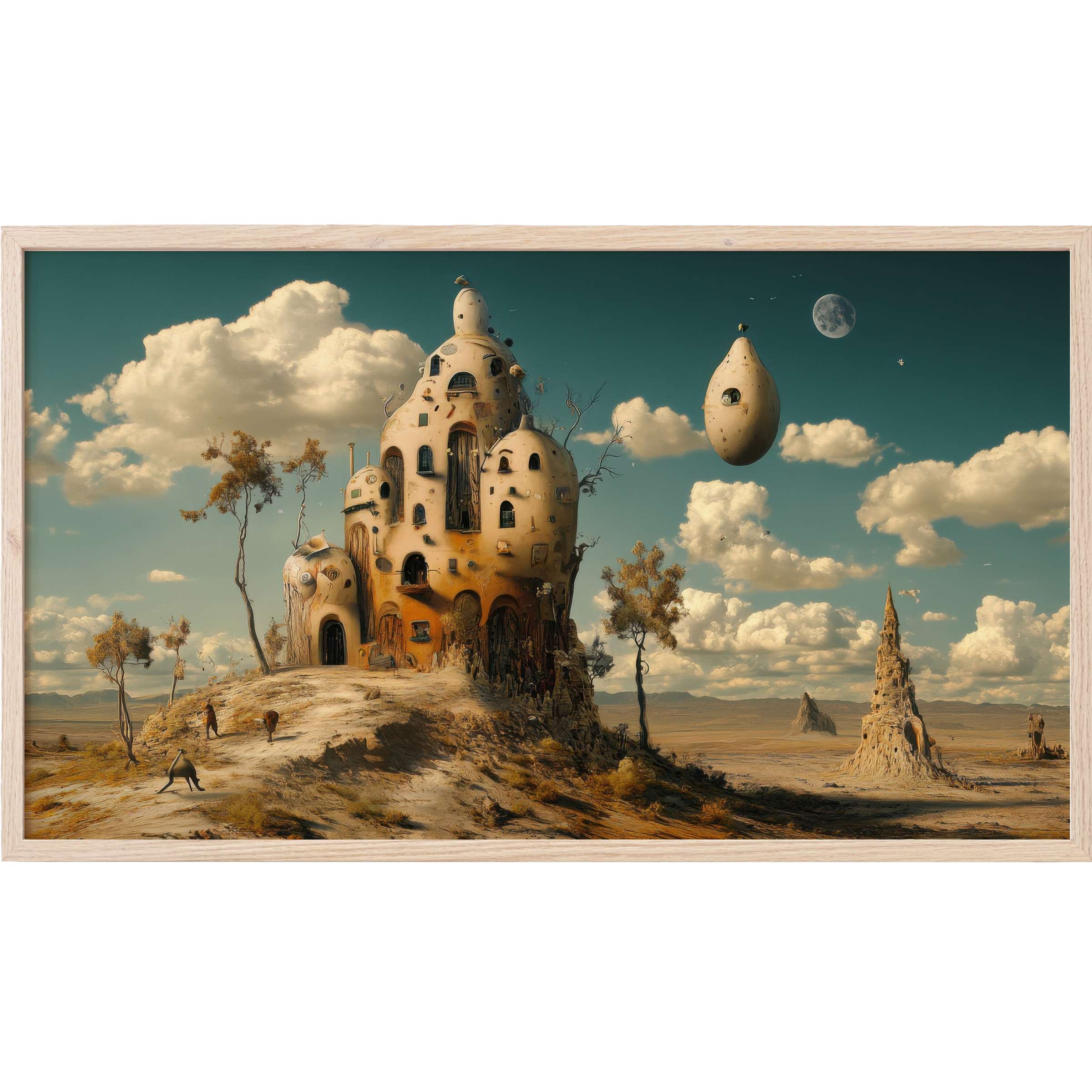 Surreal desert landscape with organic beige structures and floating forms under a cloudy sky, modern Frame TV Art