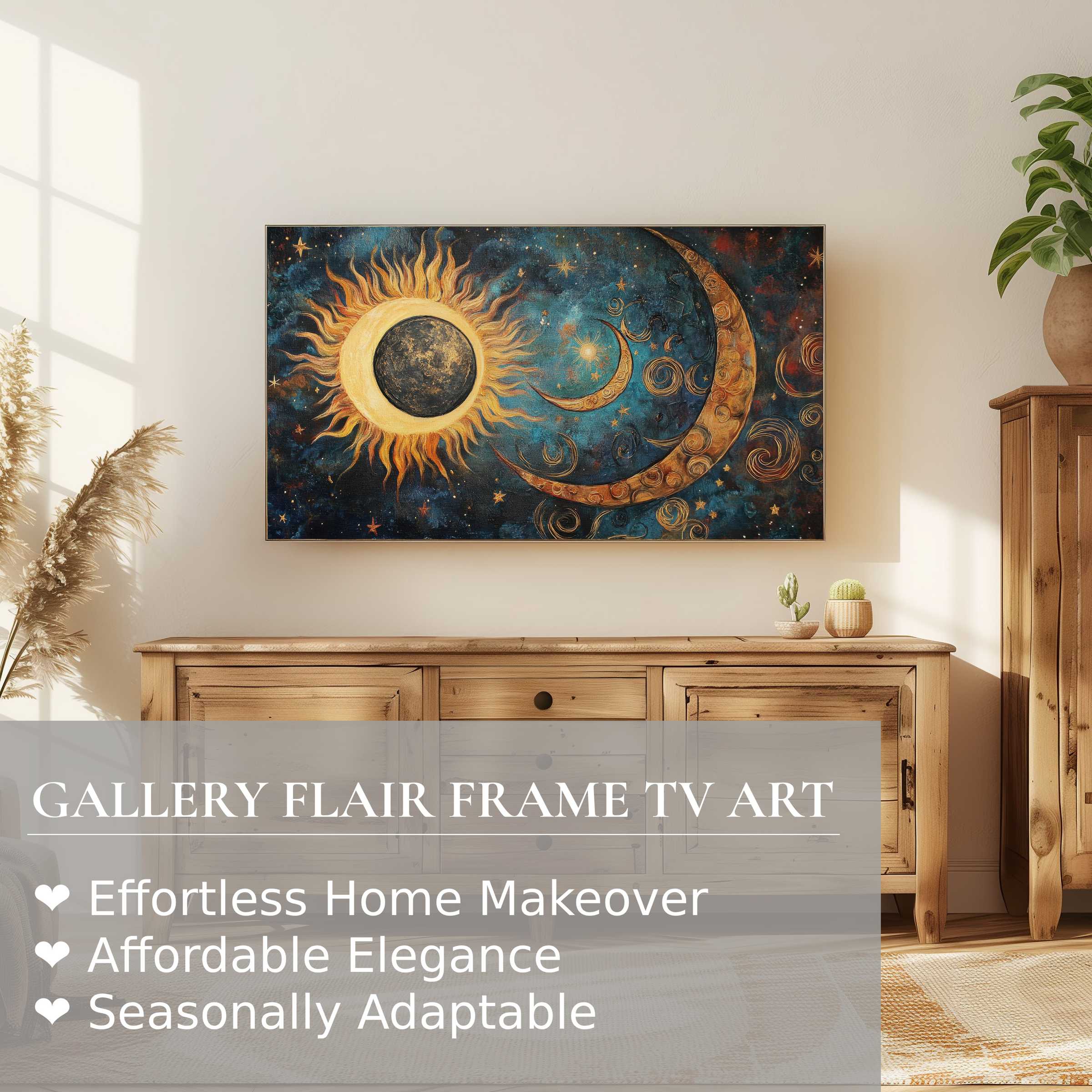 Samsung Frame TV showcasing boho digital artwork of sun and crescent moon in a warm, elegant living room setting