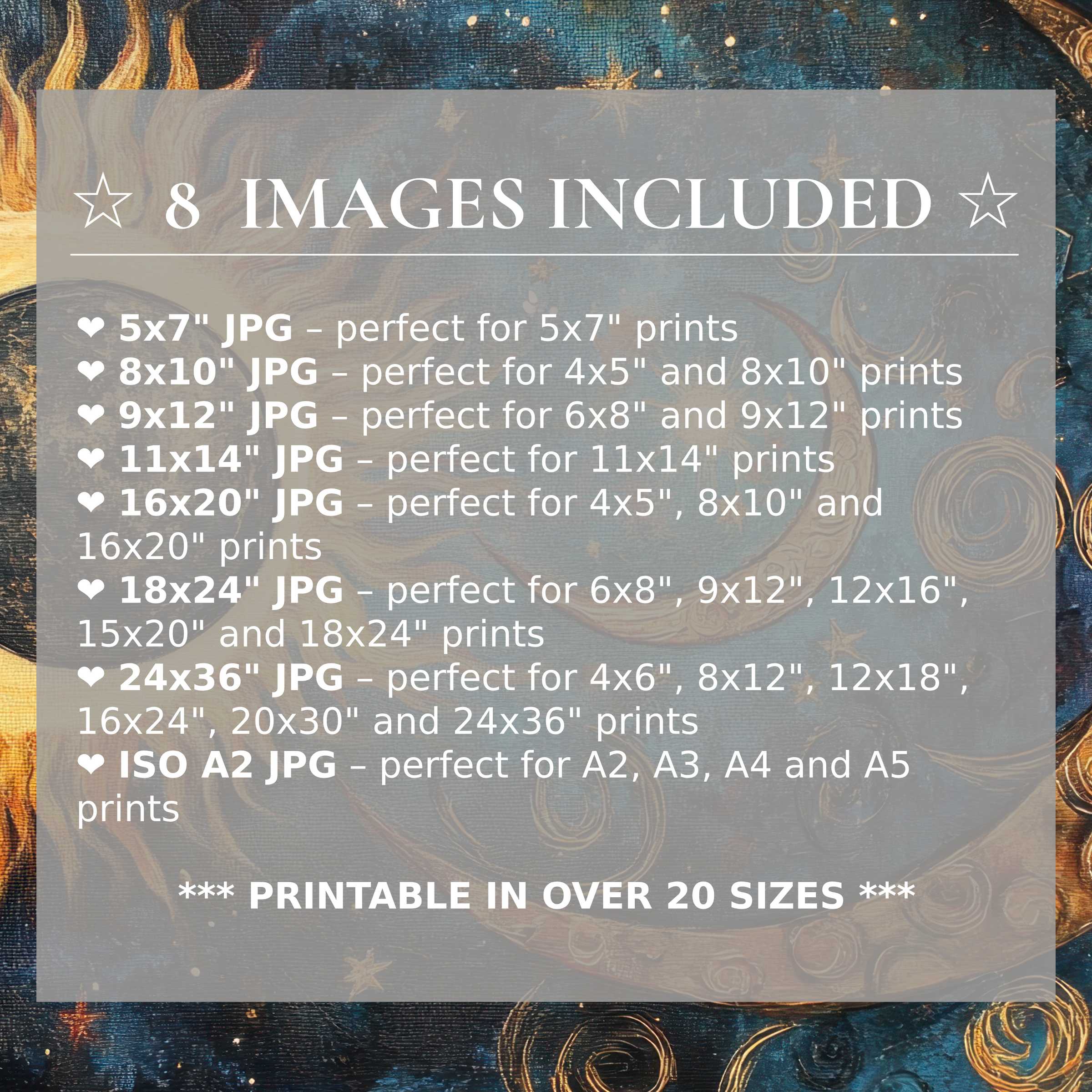 Boho digital print in radiant gold and deep blue hues elevates modern interiors with timeless style, including 8 high-res sizes