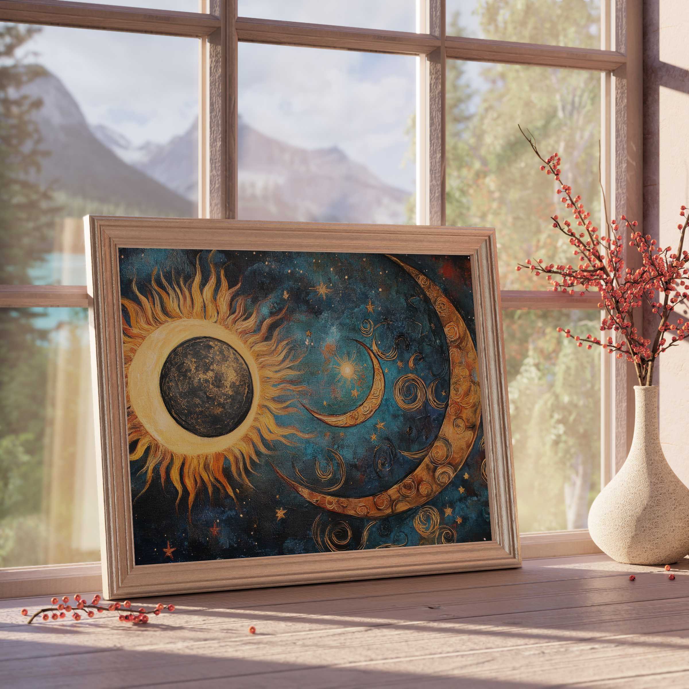 Boho downloadable art featuring a radiant sun and crescent moon, evoking calm celestial harmony in stylish, curated interiors