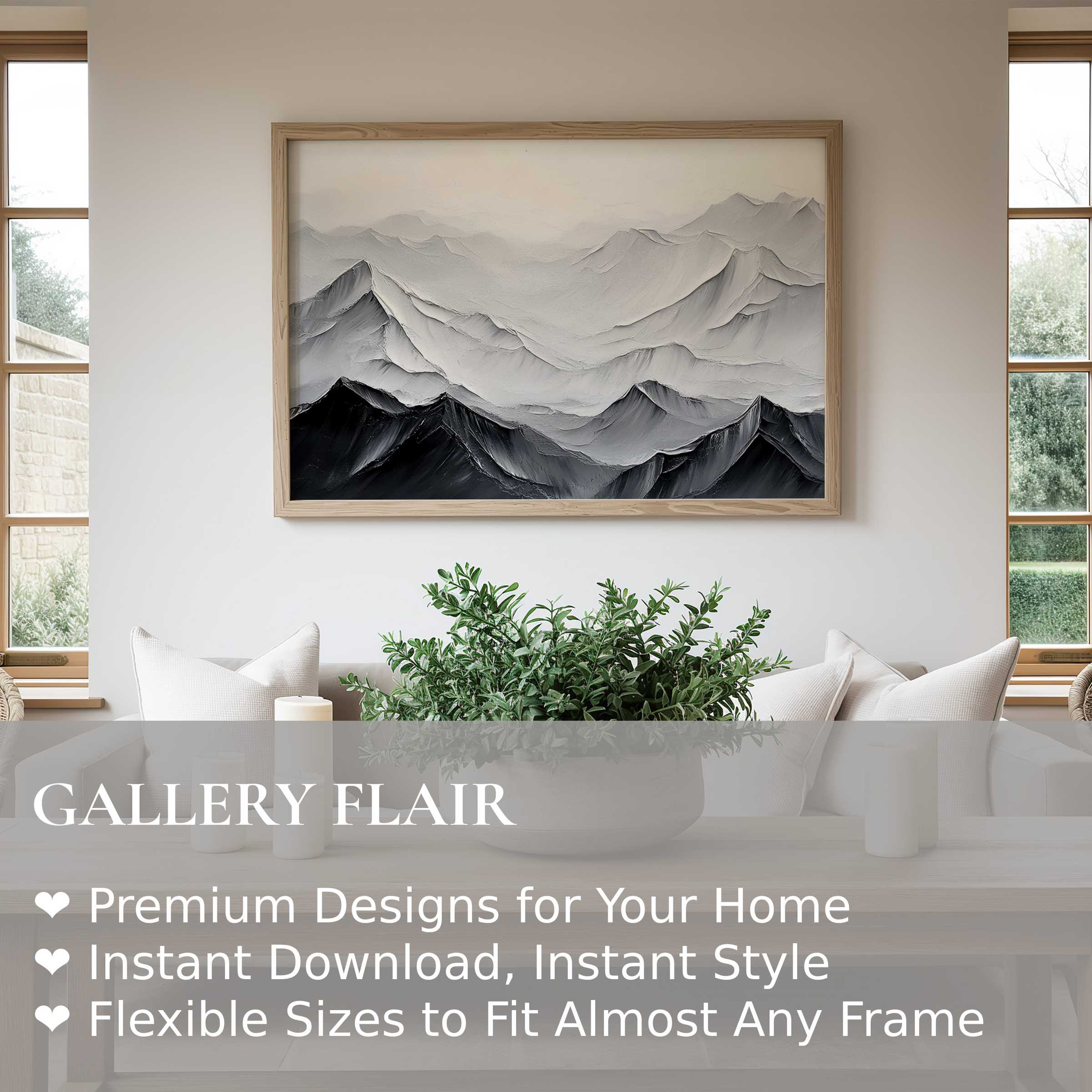 Minimalist wall art print featuring layered grayscale mountains, radiating serene, calming energy in a modern, airy living space