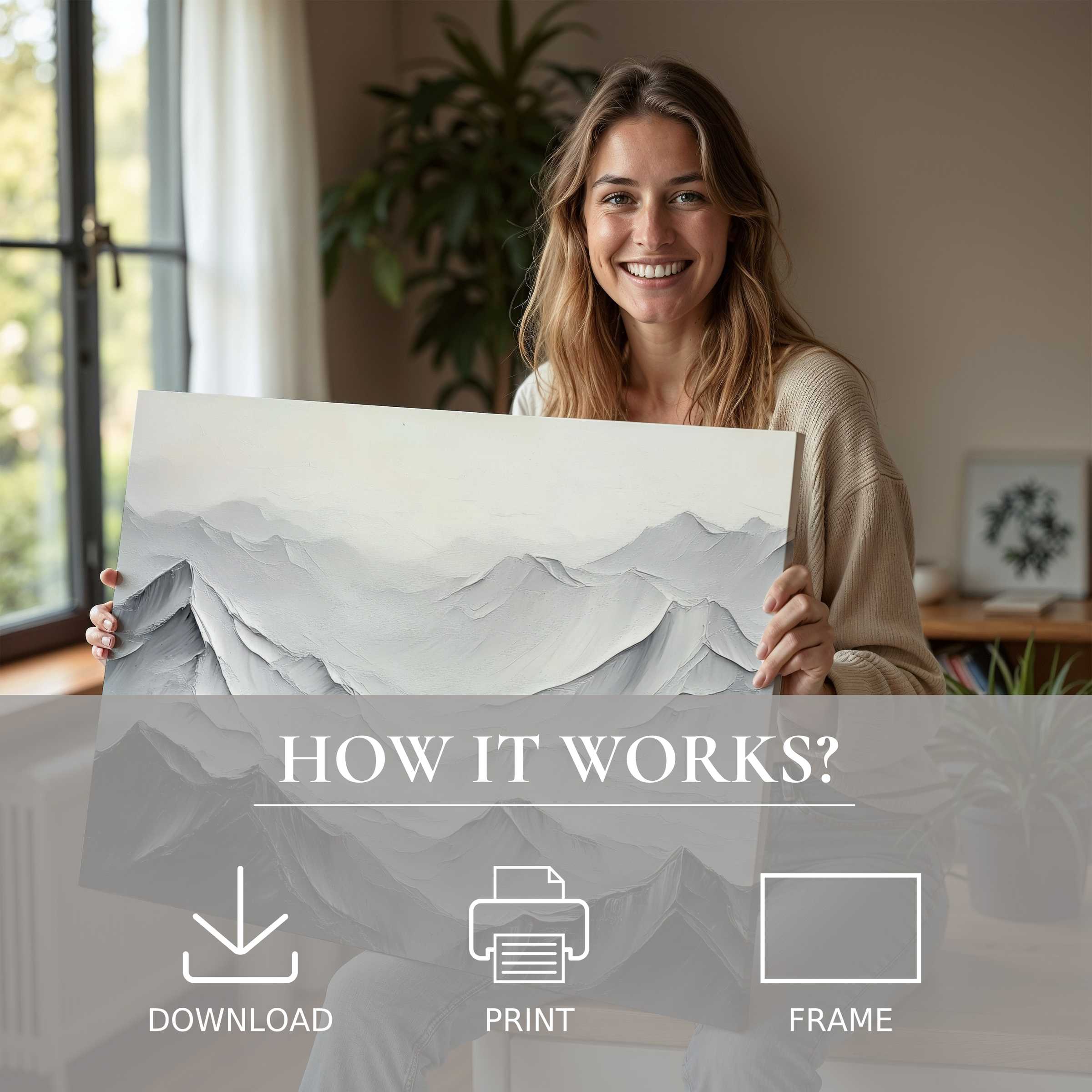 A woman radiates joy in a serene modern home, embracing a minimalist digital art print that elevates everyday living