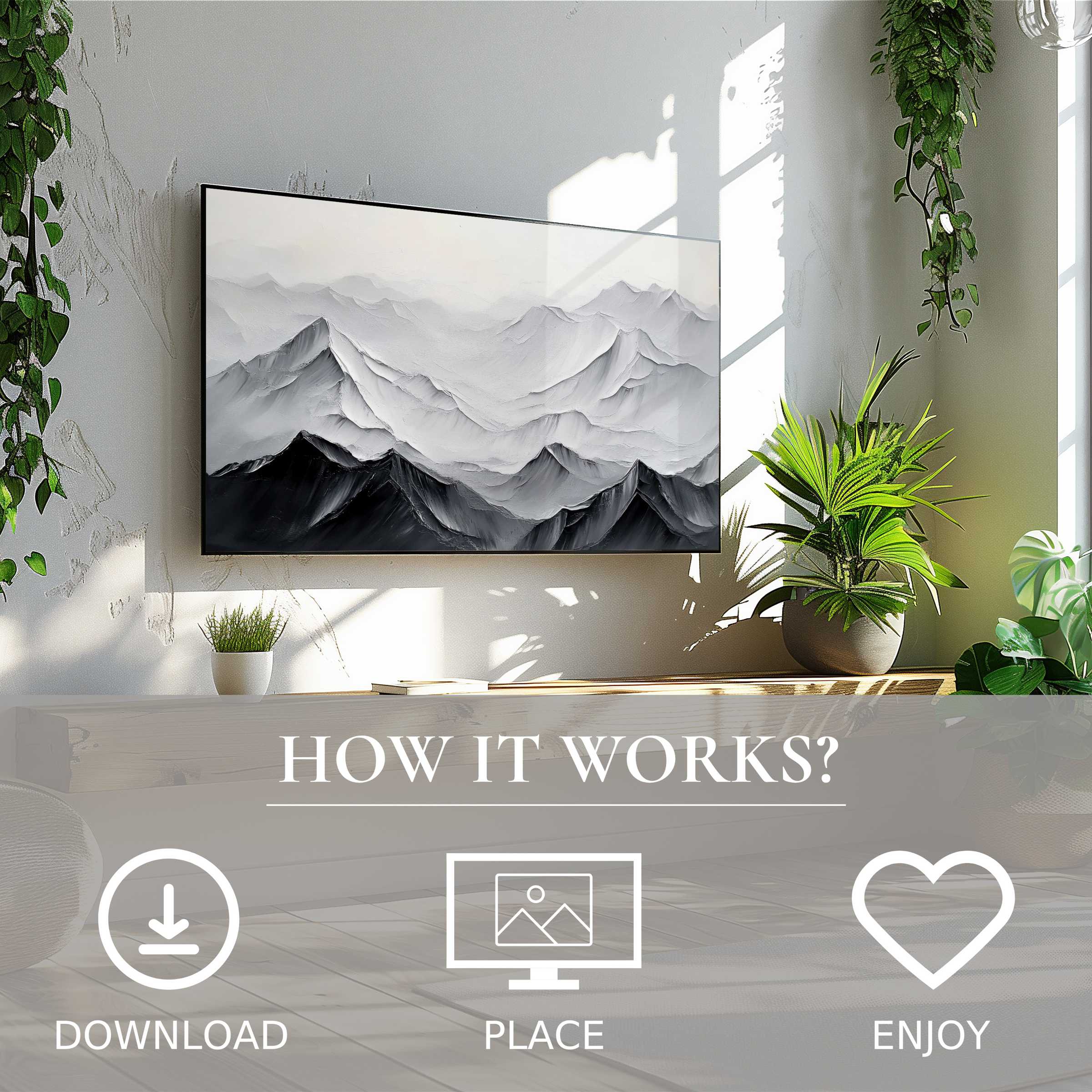 Minimalist art for Samsung TV in a bright room; abstract mountain motif in soft grayscale, easy digital download
