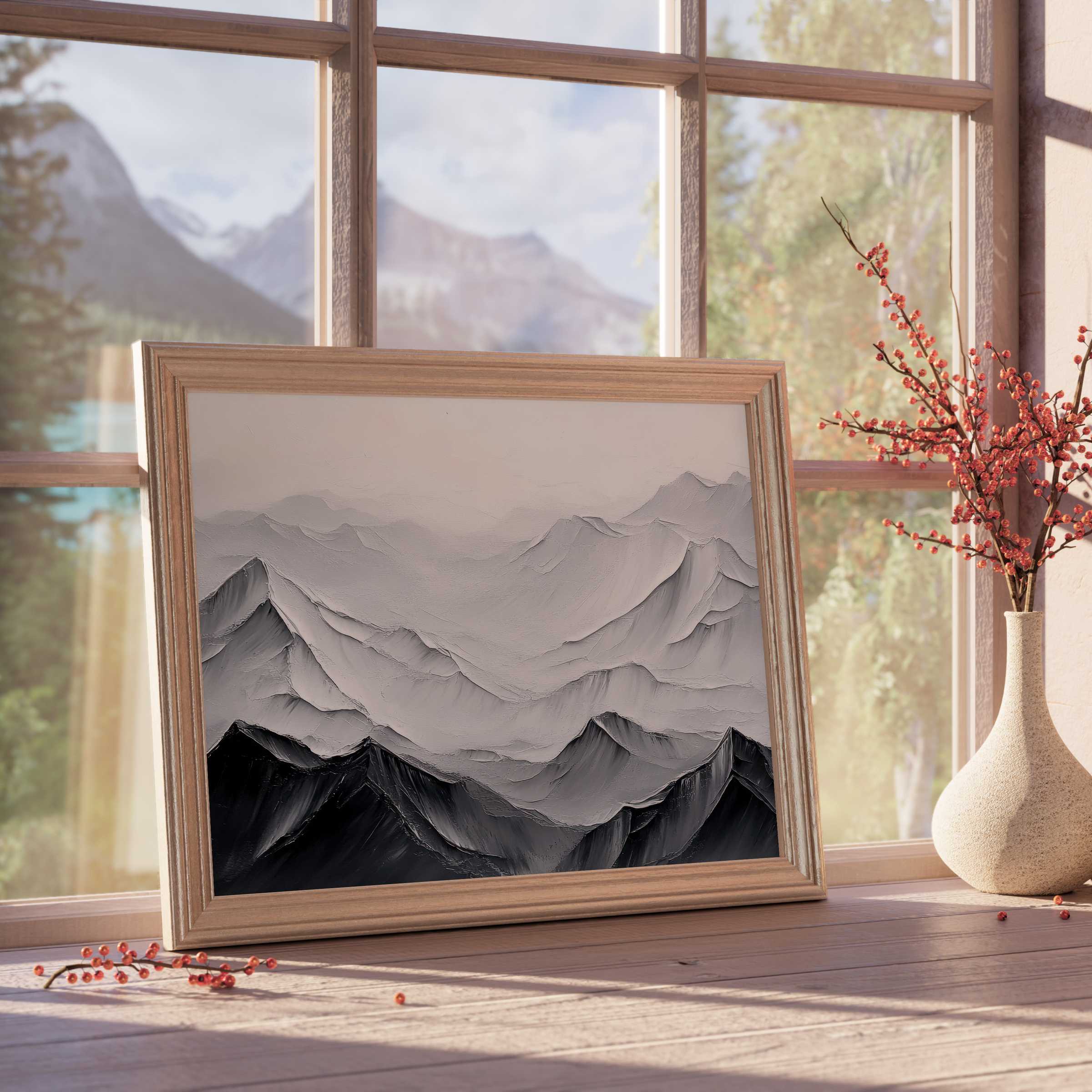 Minimalist downloadable art featuring layered grayscale mountains, enhancing tranquil, curated interiors with serene texture and modern elegance