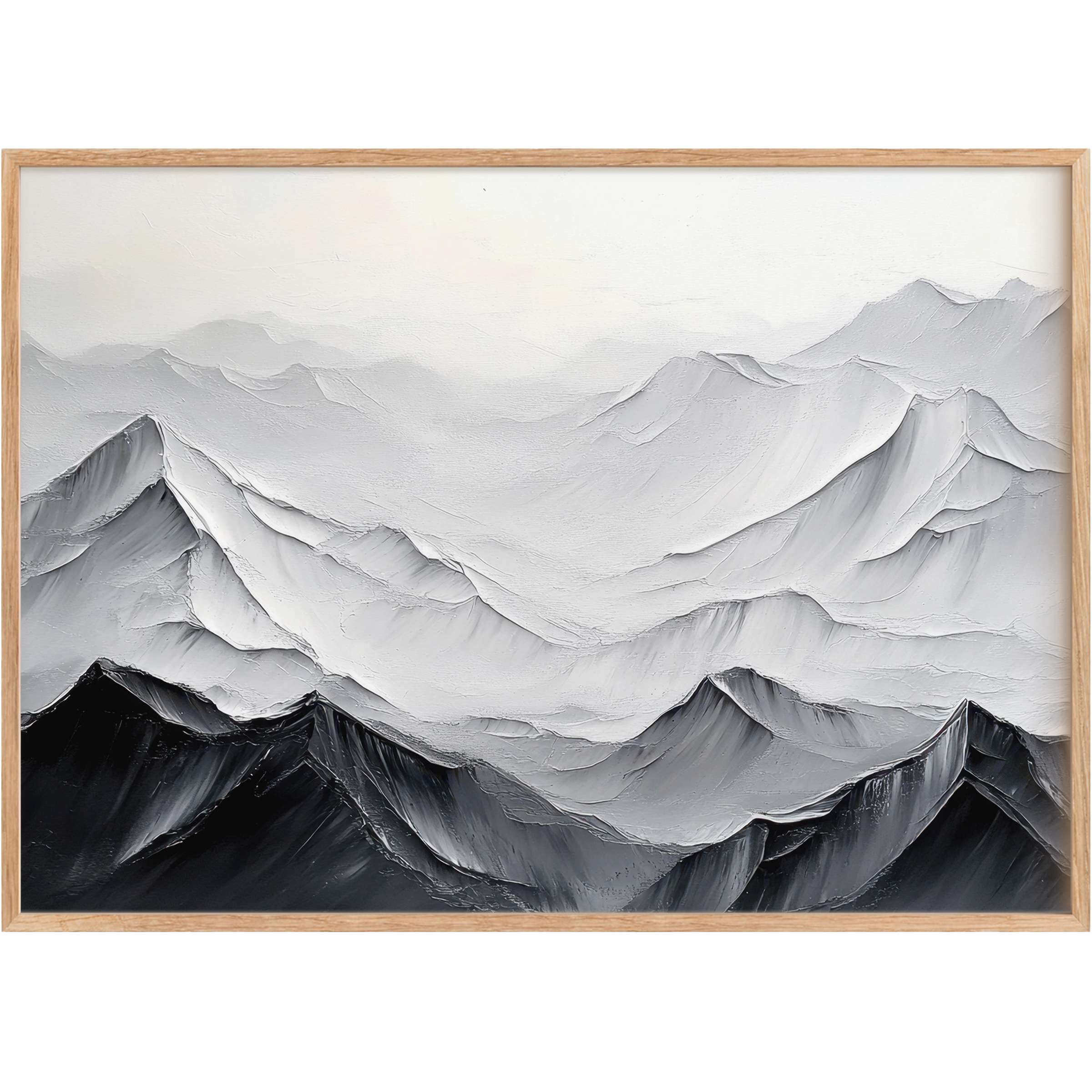 Minimalist printable wall art capturing serene mountain layers in soft grays and blacks, evoking calm and refined sophistication