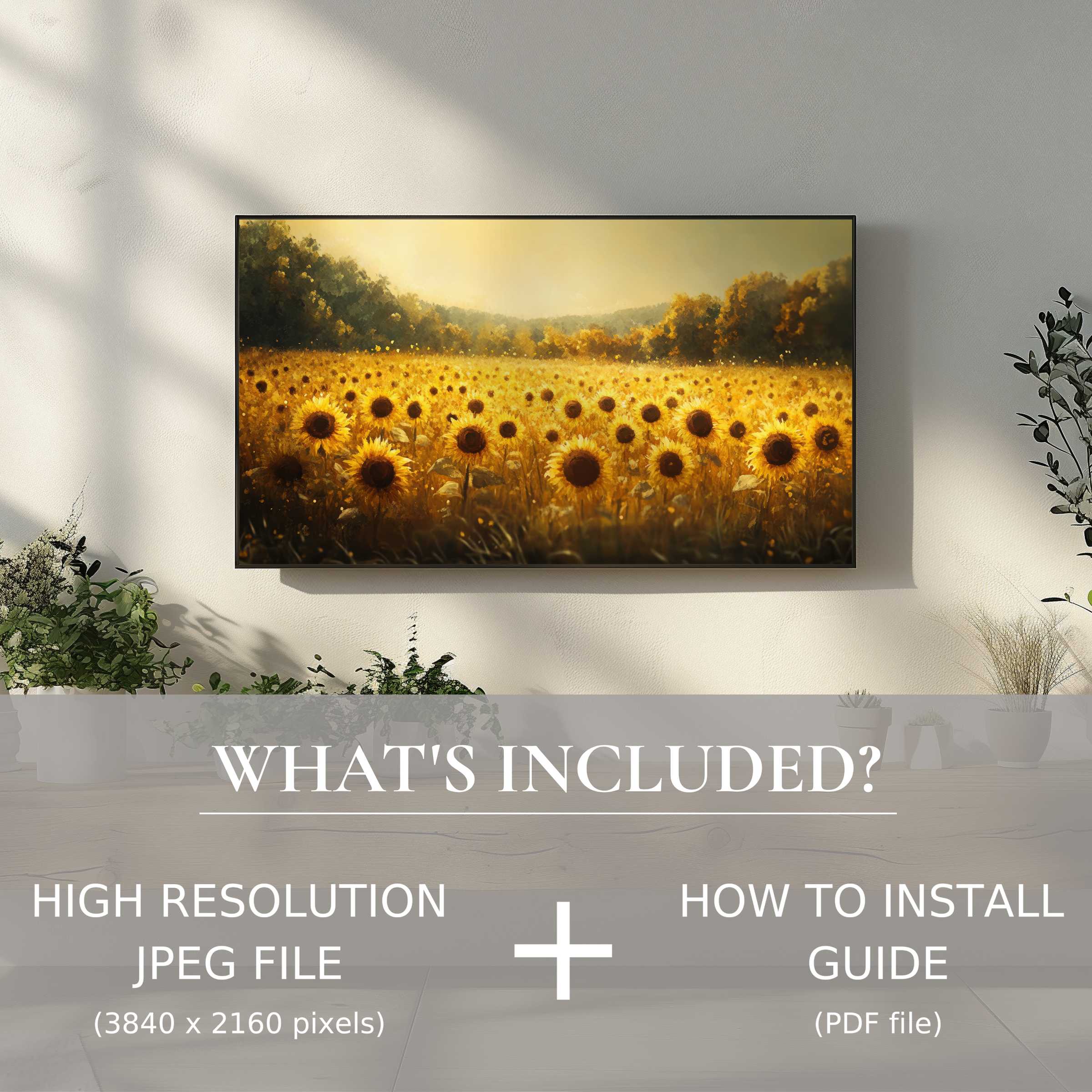 Elegant fall digital TV art download of sunflowers, enhancing living spaces with effortless digital style and warmth