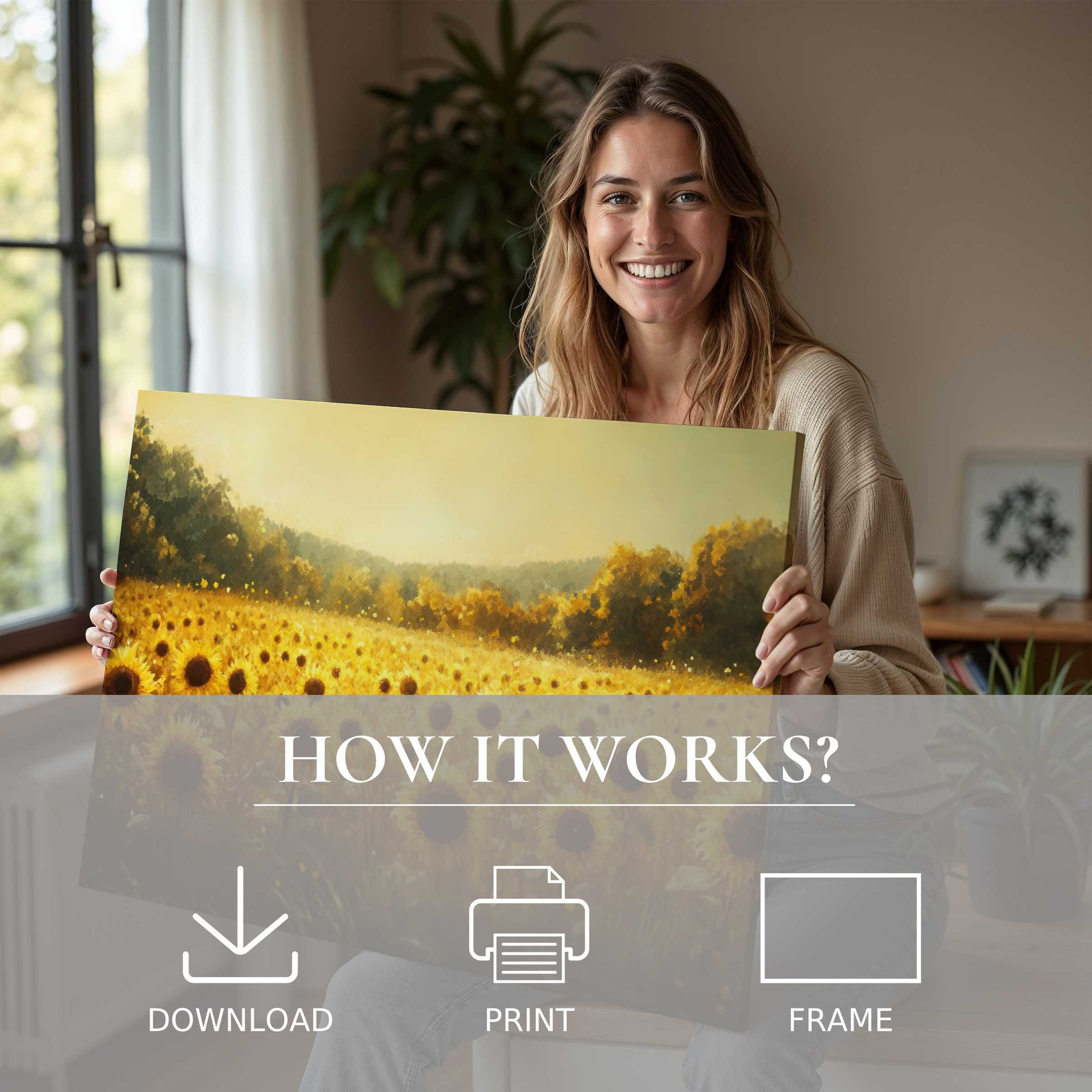 Radiant fall digital art print glowing with golden sunflowers, embraced in a serene modern home, inspiring joy through effortless elegance