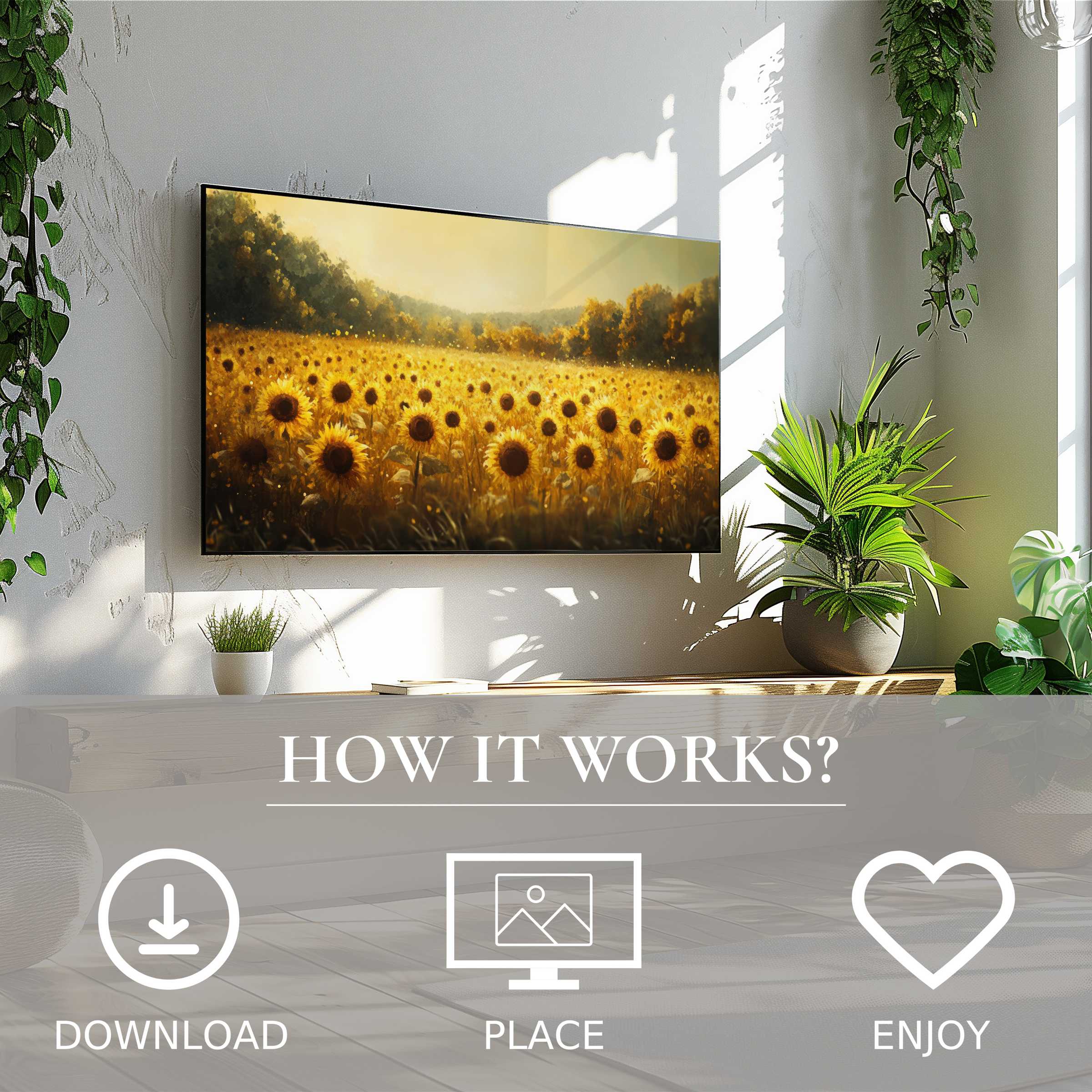 Fall art for Samsung TV shows warm sunflower fields in soft golden tones, easy digital download enhances any modern space