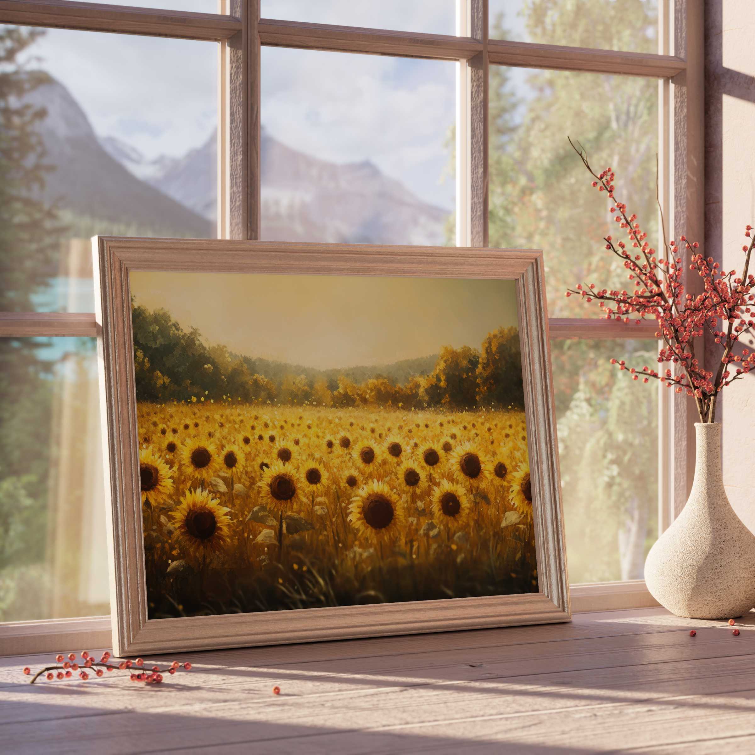 Fall downloadable art of radiant sunflowers bathed in golden light, enriching curated interiors with warm autumnal charm