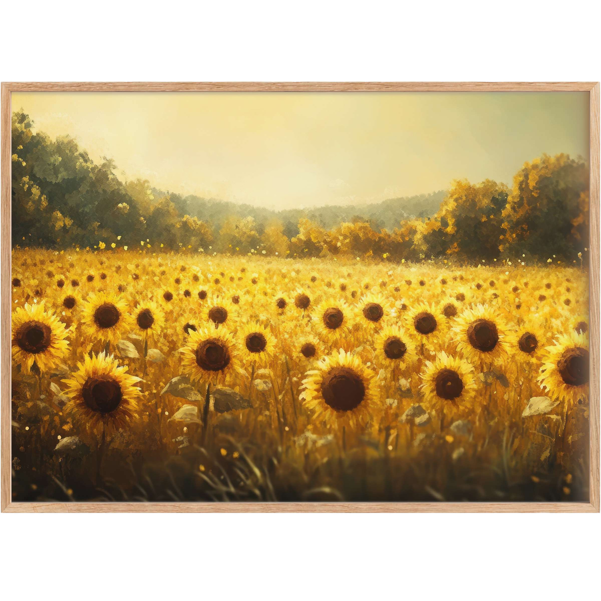 Golden sunflower field bathes in soft amber light, evoking radiant warmth and timeless charm-perfect fall printable wall art