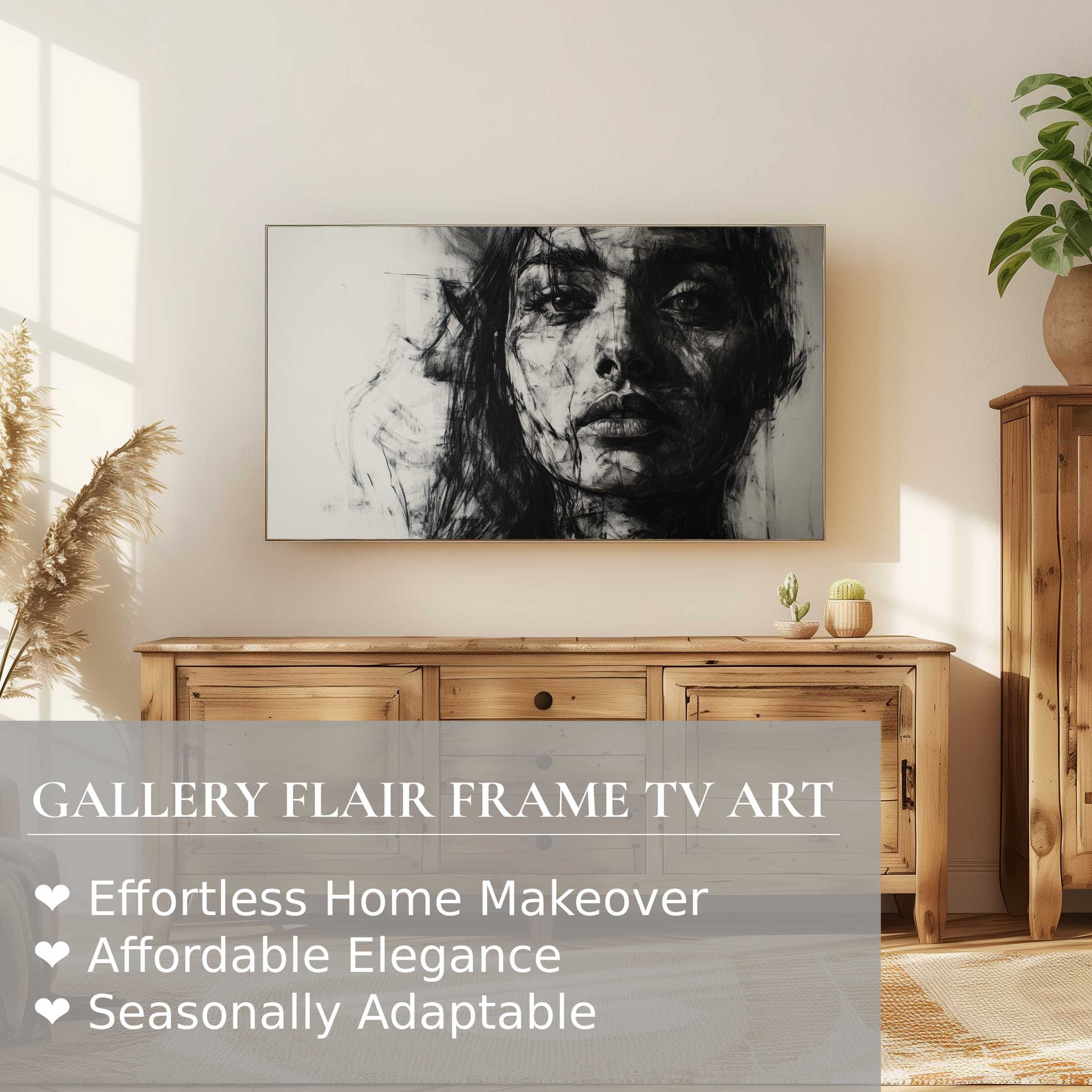 Samsung Frame TV displays black and white digital artwork of a modern, moody portrait in a chic, natural living space