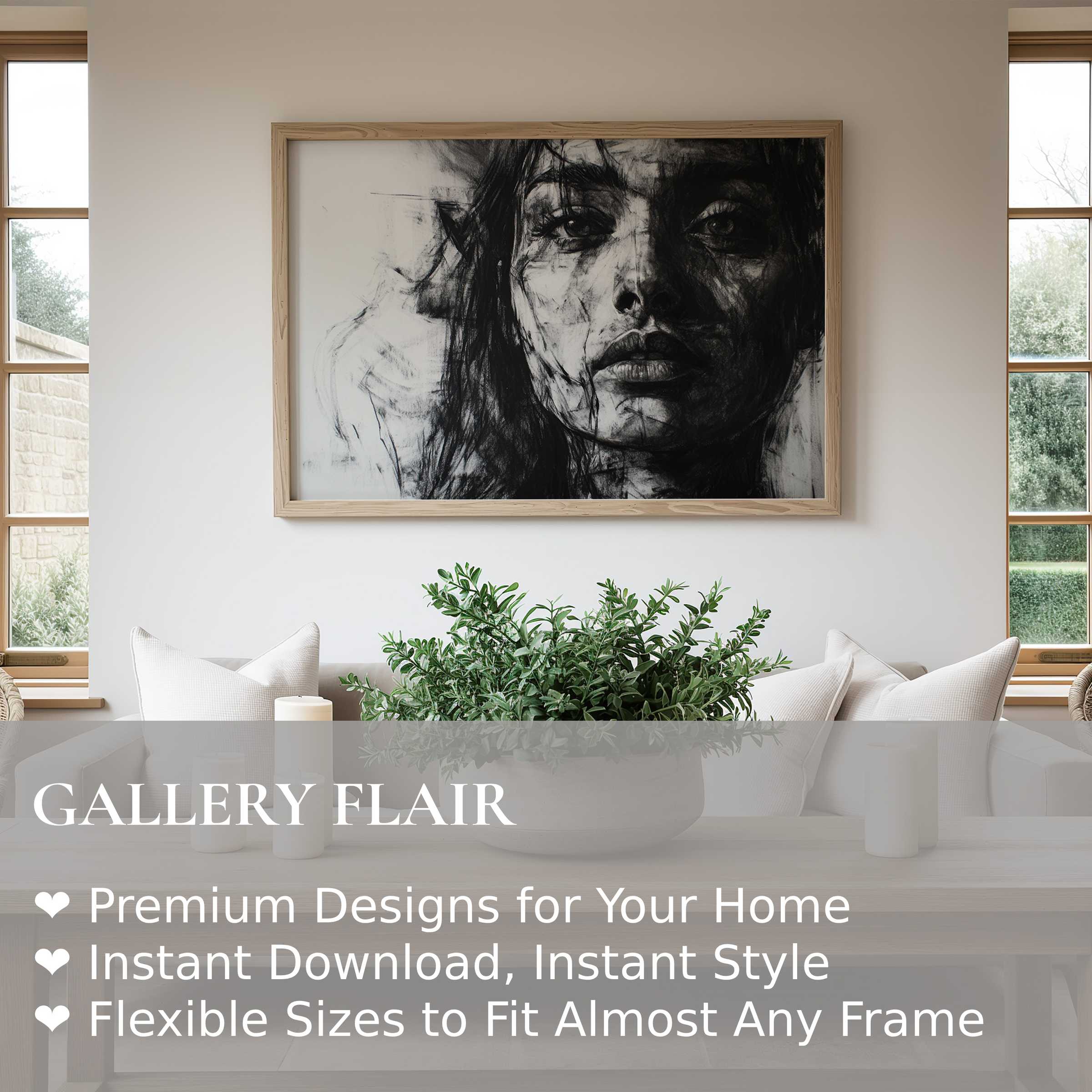 Black and white wall art print of a bold, emotive female portrait enhancing a minimalist living room with raw, artistic elegance