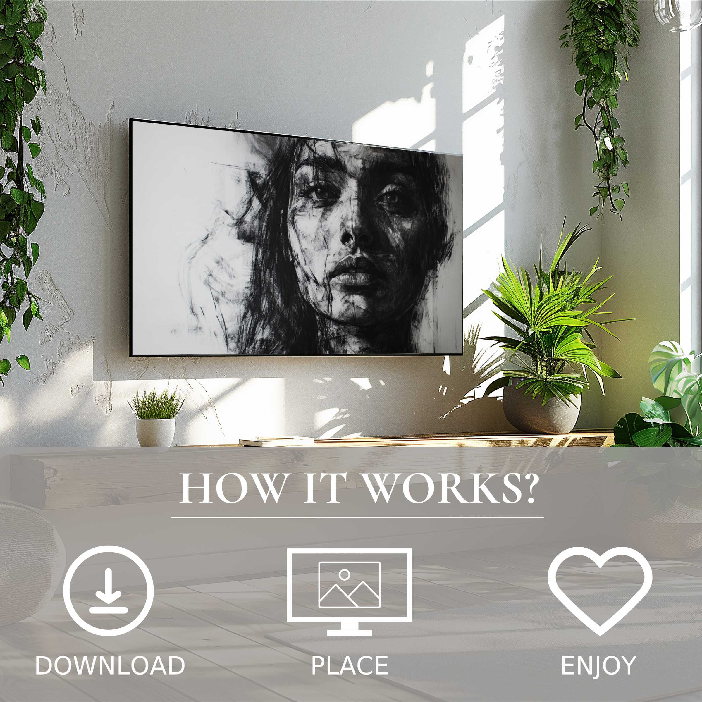 Modern living room with black and white art for Samsung TV; digital download enhances space with smoky portrait