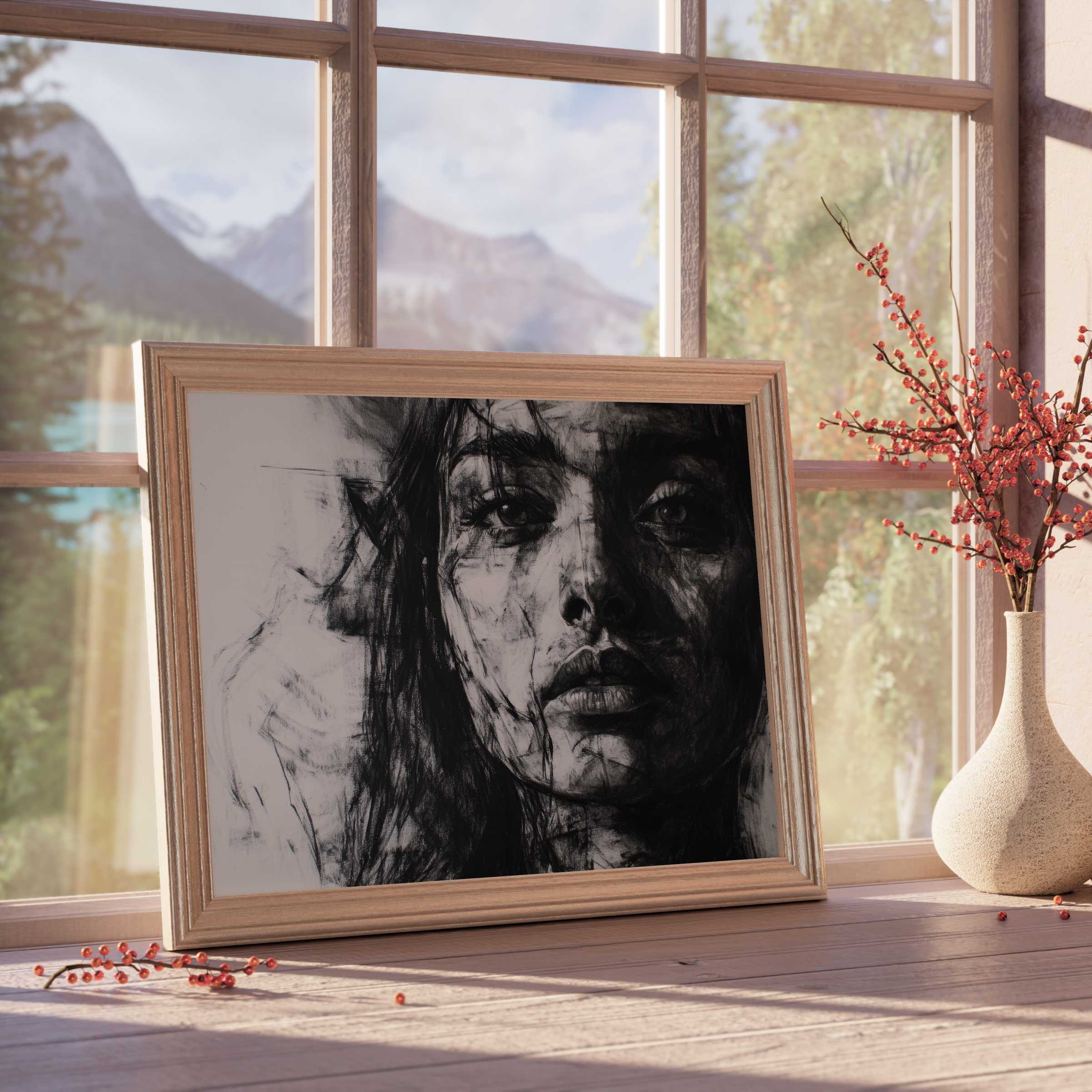 Elegant black and white downloadable art of a contemplative woman's portrait, enriching serene, curated interiors with timeless, emotive sophistication