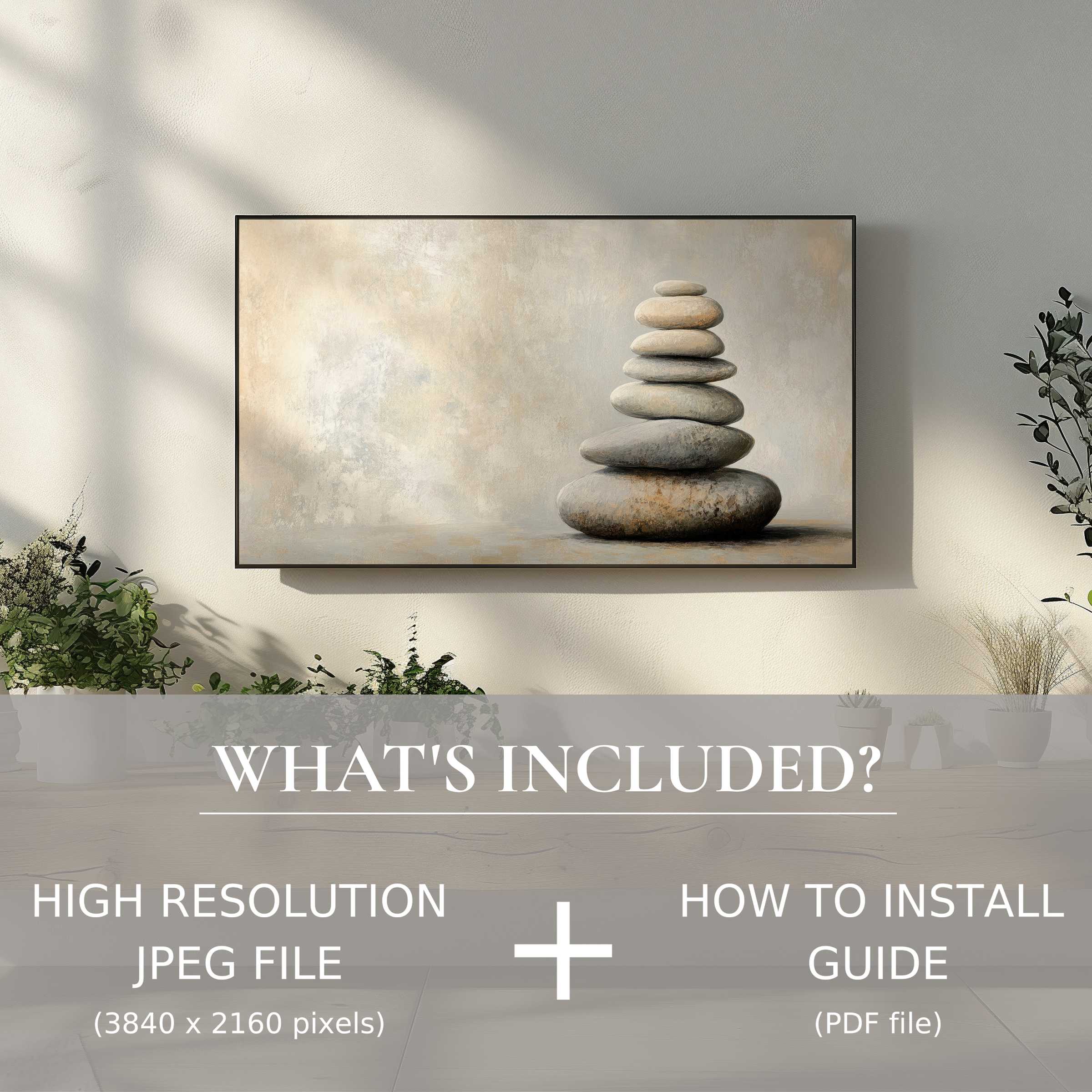 Elegant neutral digital TV art download enhances calming spaces, easy digital use for modern, stylish home decor