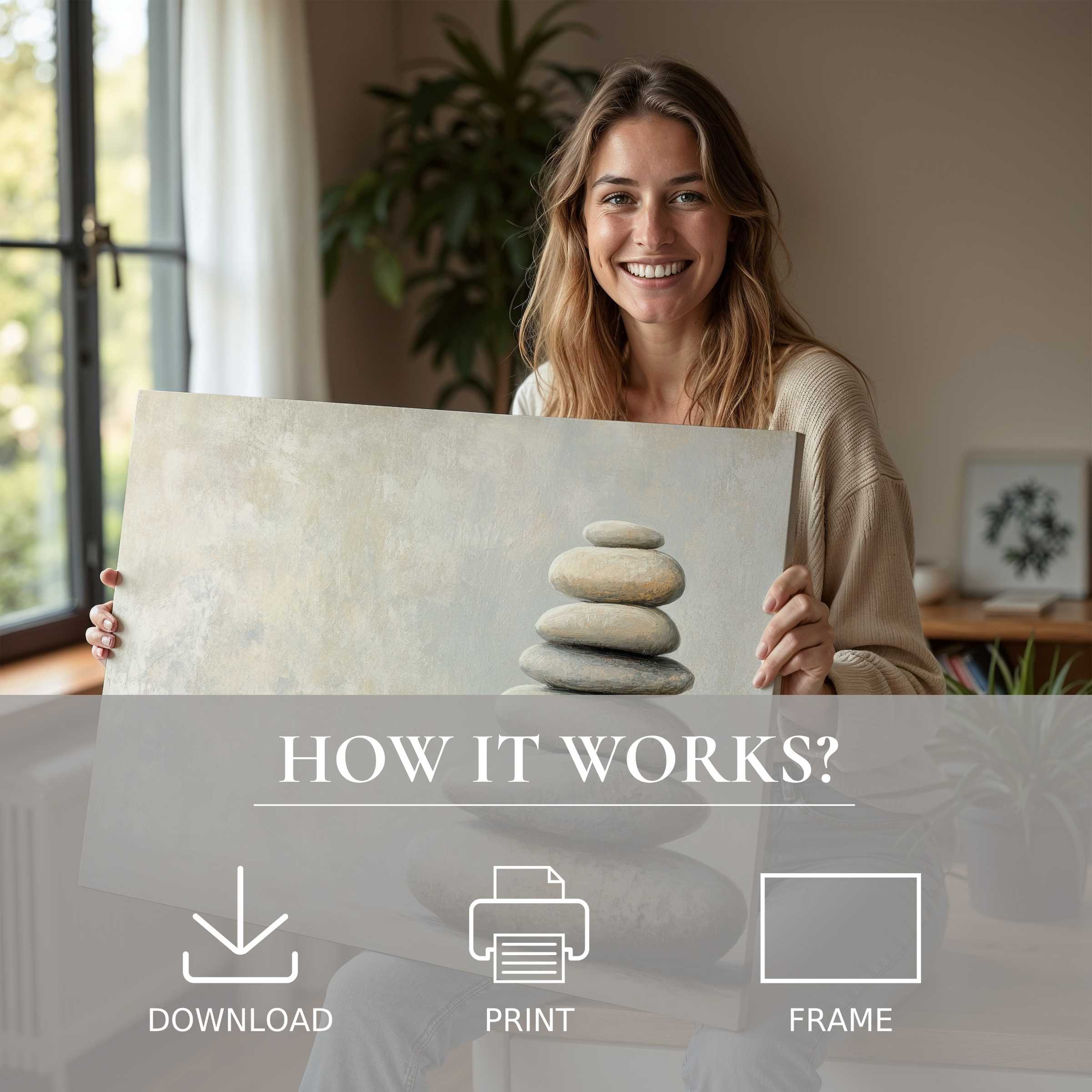 A serene moment of joyful connection with a neutral digital art print, enhancing modern living with effortless elegance