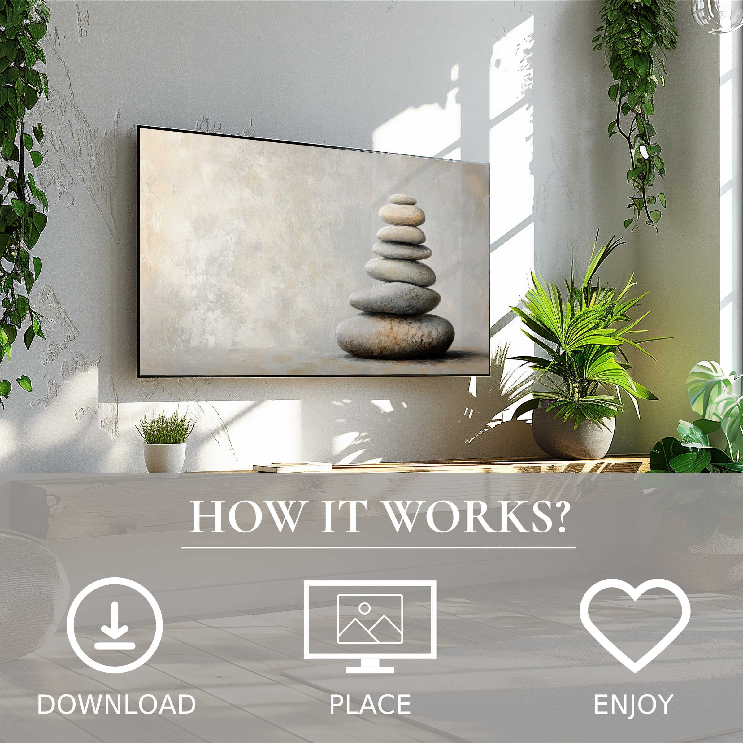 Neutral art for Samsung TV shows a calming stacked stone motif in soft tones, easy digital download enhances any living space