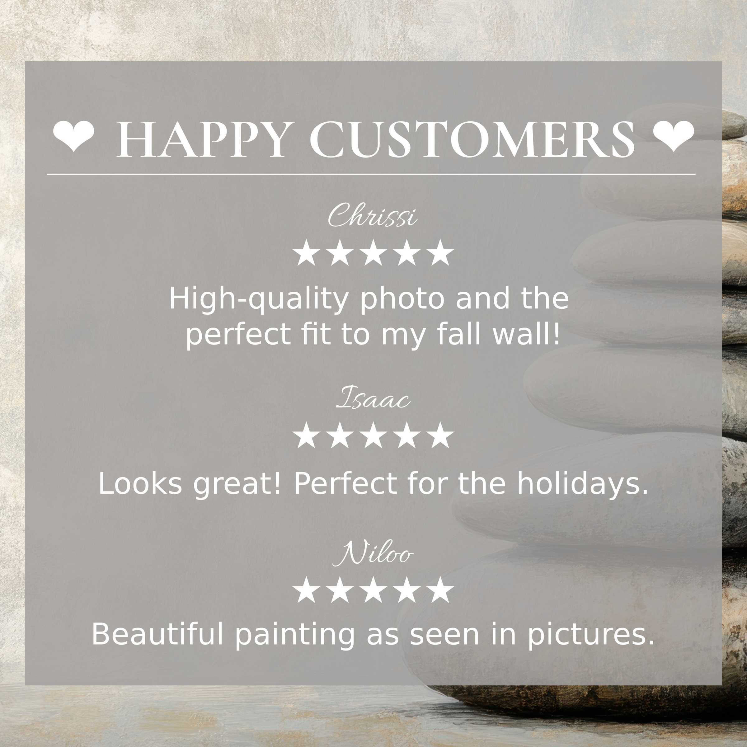 Neutral art for Frame TV with serene stone background; layout builds trust via happy customer reviews