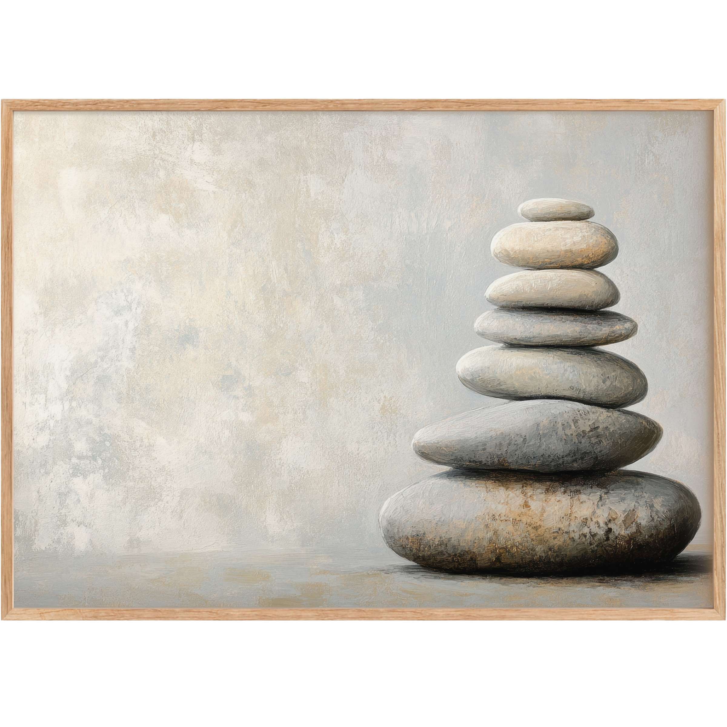 Balanced stack of smooth stones in soft grays and warm beige, a neutral printable wall art evoking serene, calming harmony