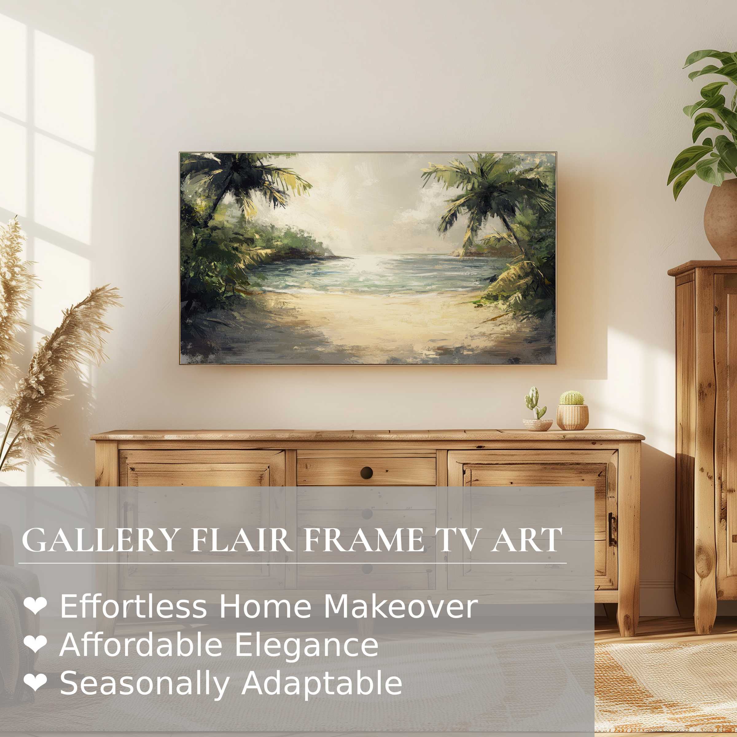 Samsung Frame TV showcases a serene summer digital artwork of a coastal scene with elegant natural tones