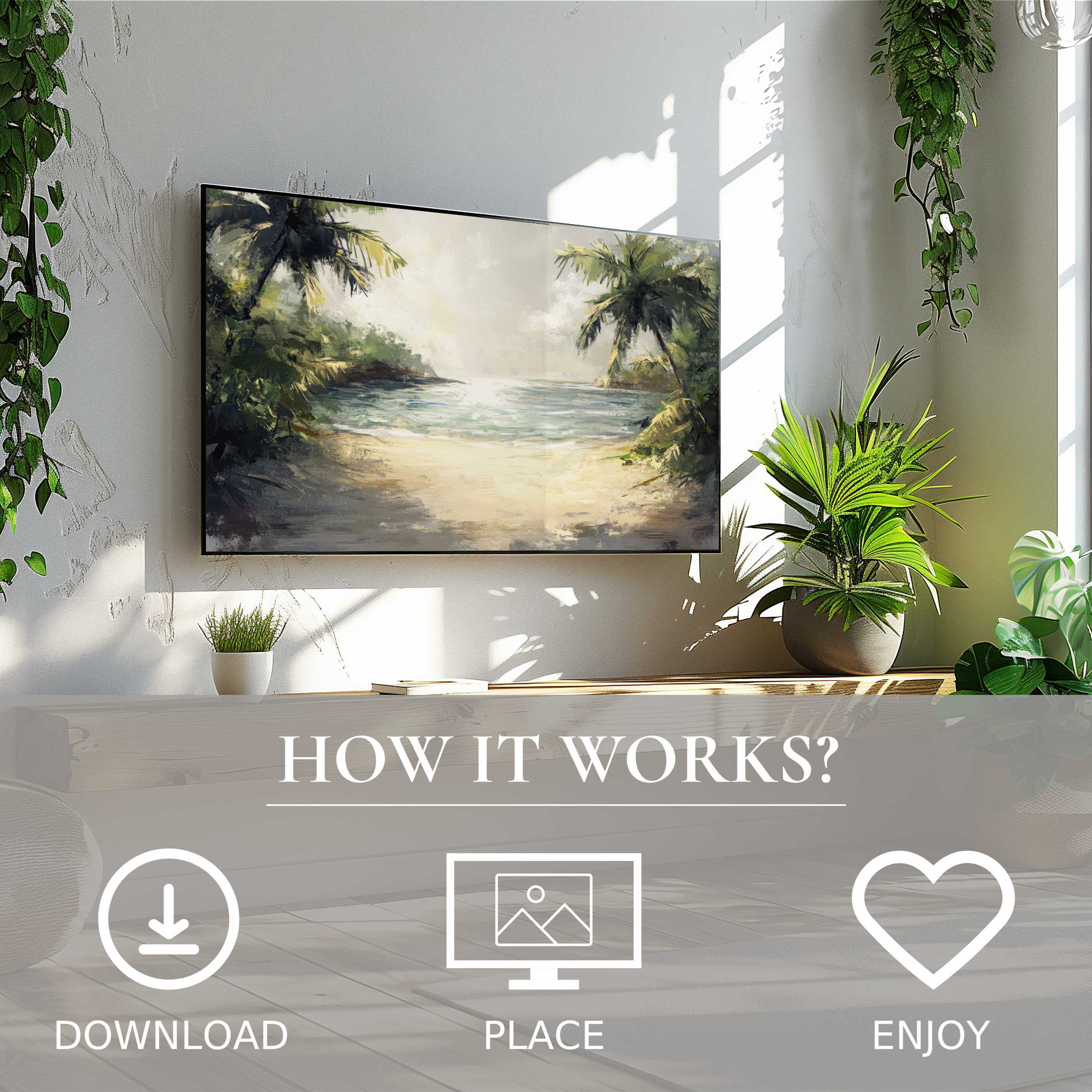 Summer art for Samsung TV shows soft sunset tones on The Frame, easy digital download enhances modern, green-filled living spaces