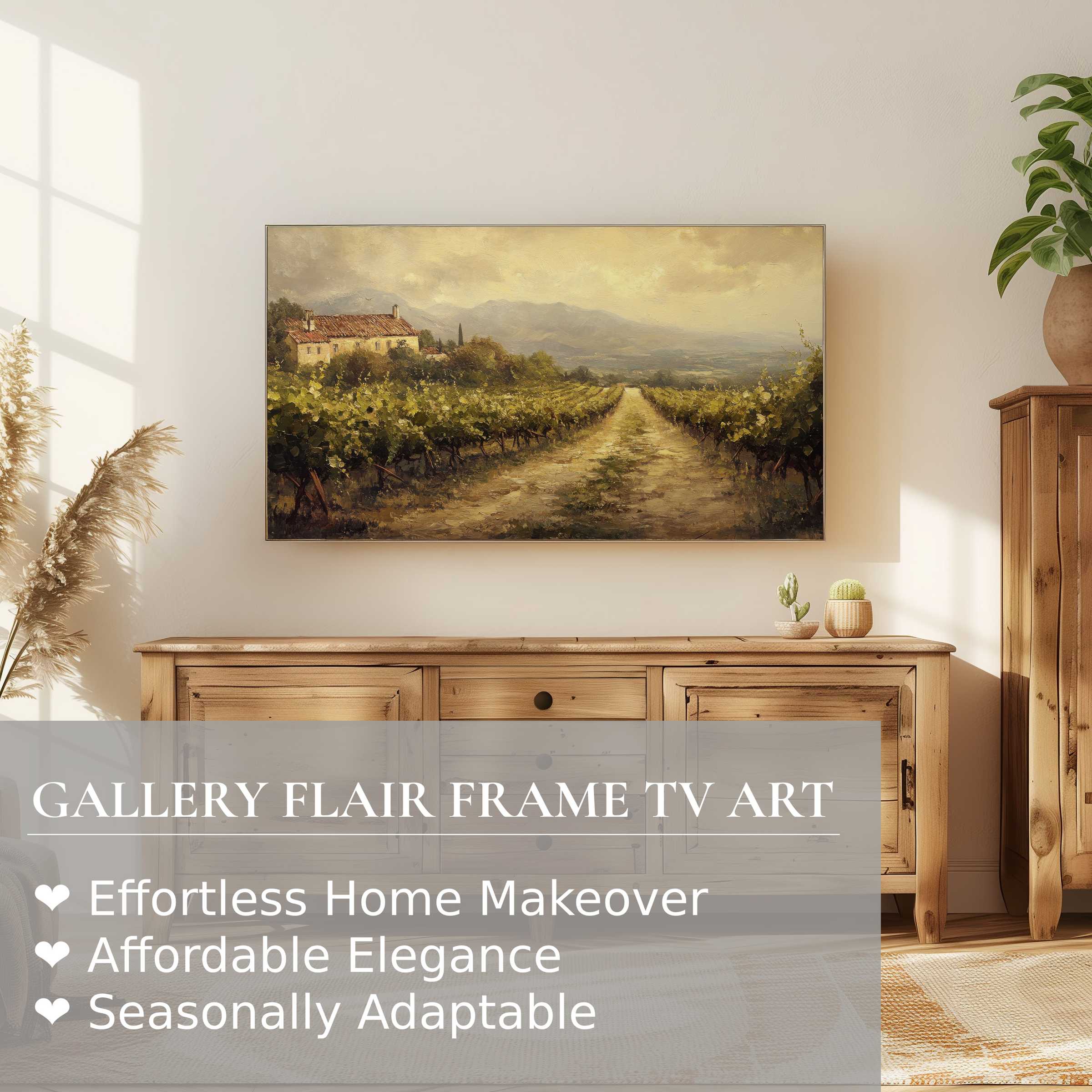 Samsung Frame TV showcasing a warm, vintage landscape digital artwork in a stylish, sunlit modern living space