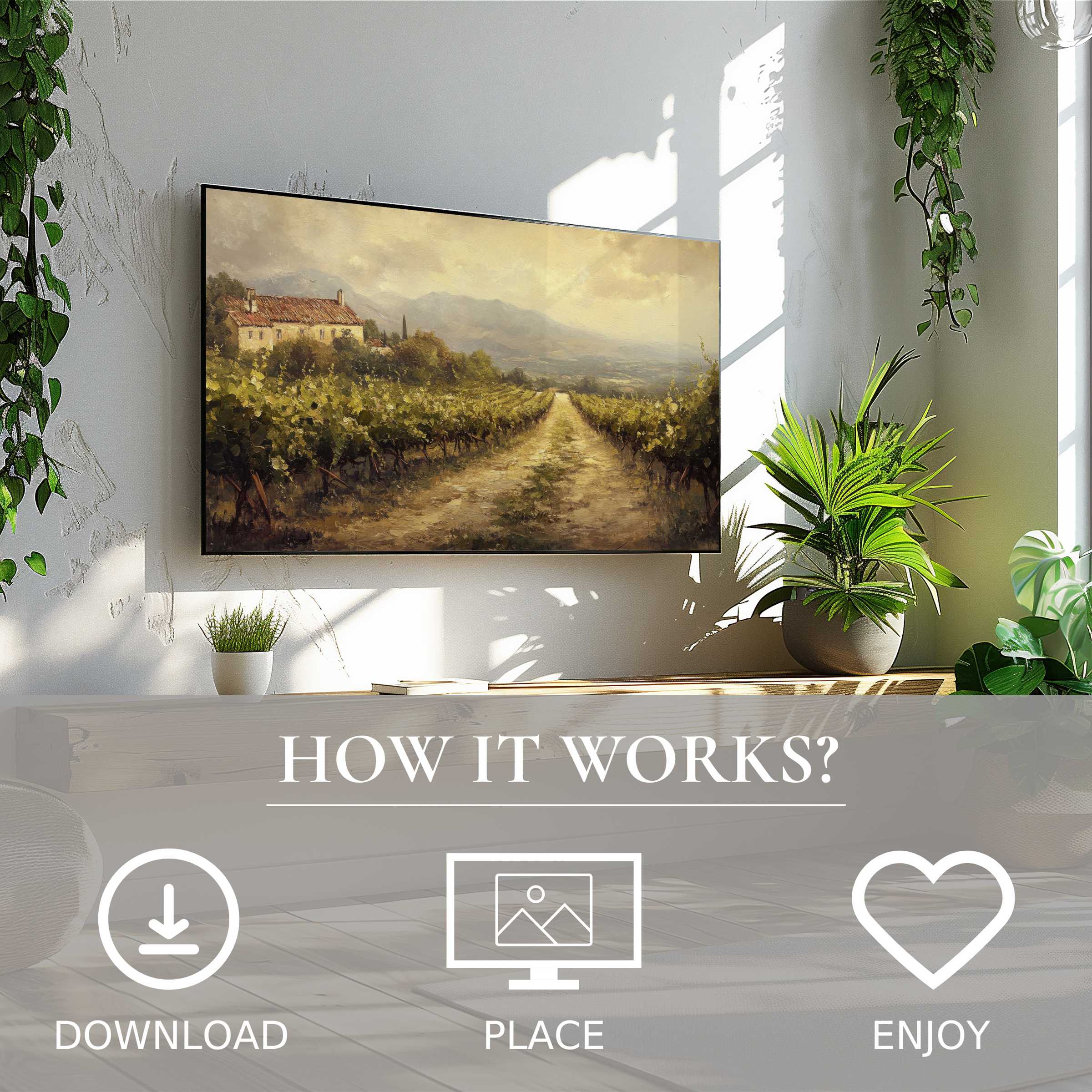 Cozy room with plants featuring landscape art for Samsung TV; warm vineyard scene, easy digital download enhances decor
