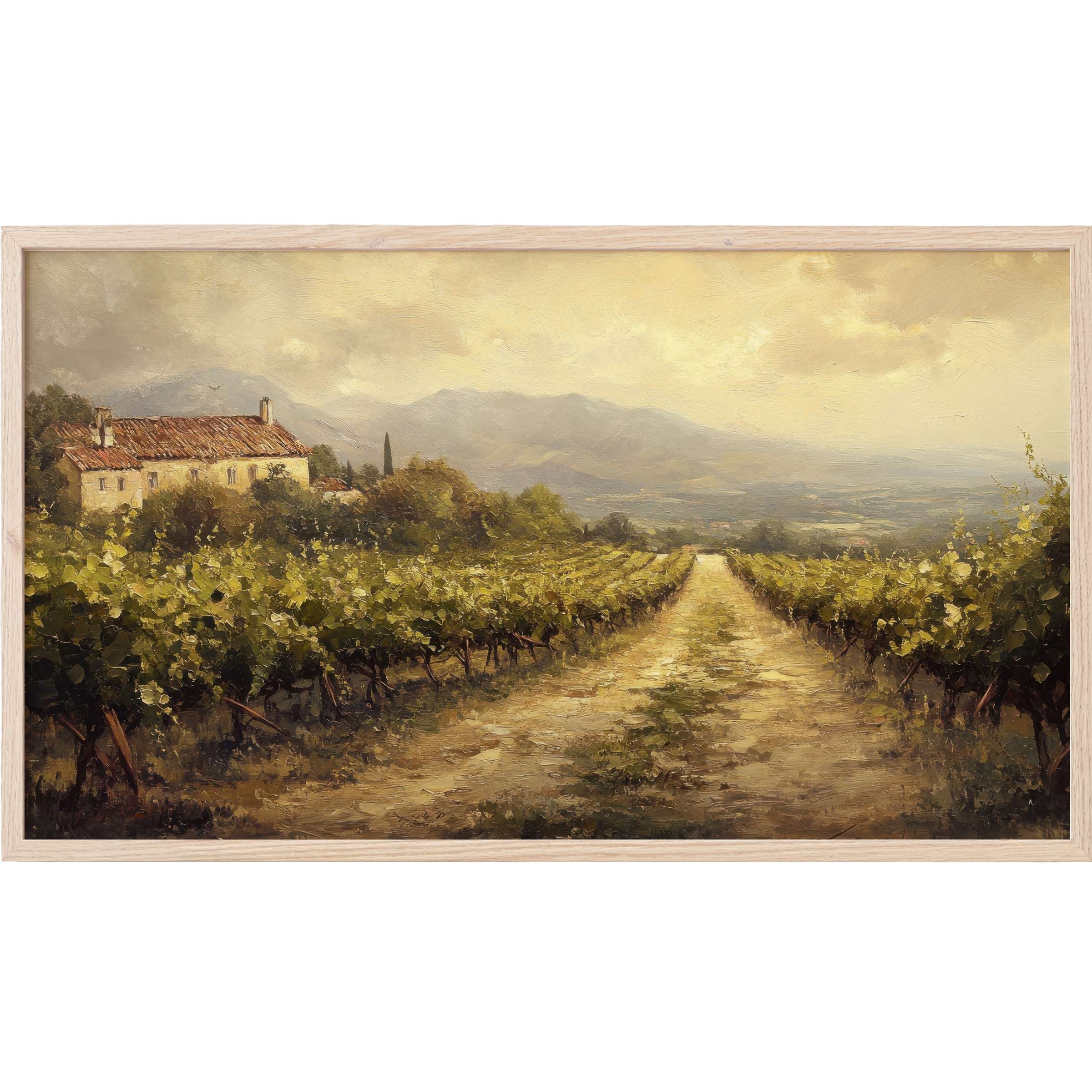Landscape Frame TV Art depicting a rustic vineyard path with muted earth tones in a soft, impressionist style