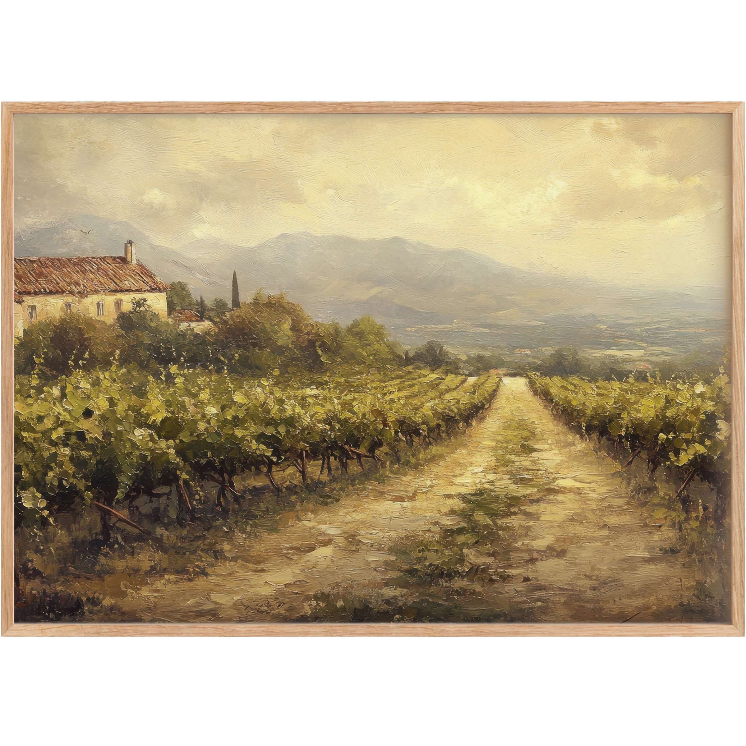 Sunlit vineyard landscape printable wall art, evoking warm tranquility with golden hues and soft rustic charm for elegant interiors