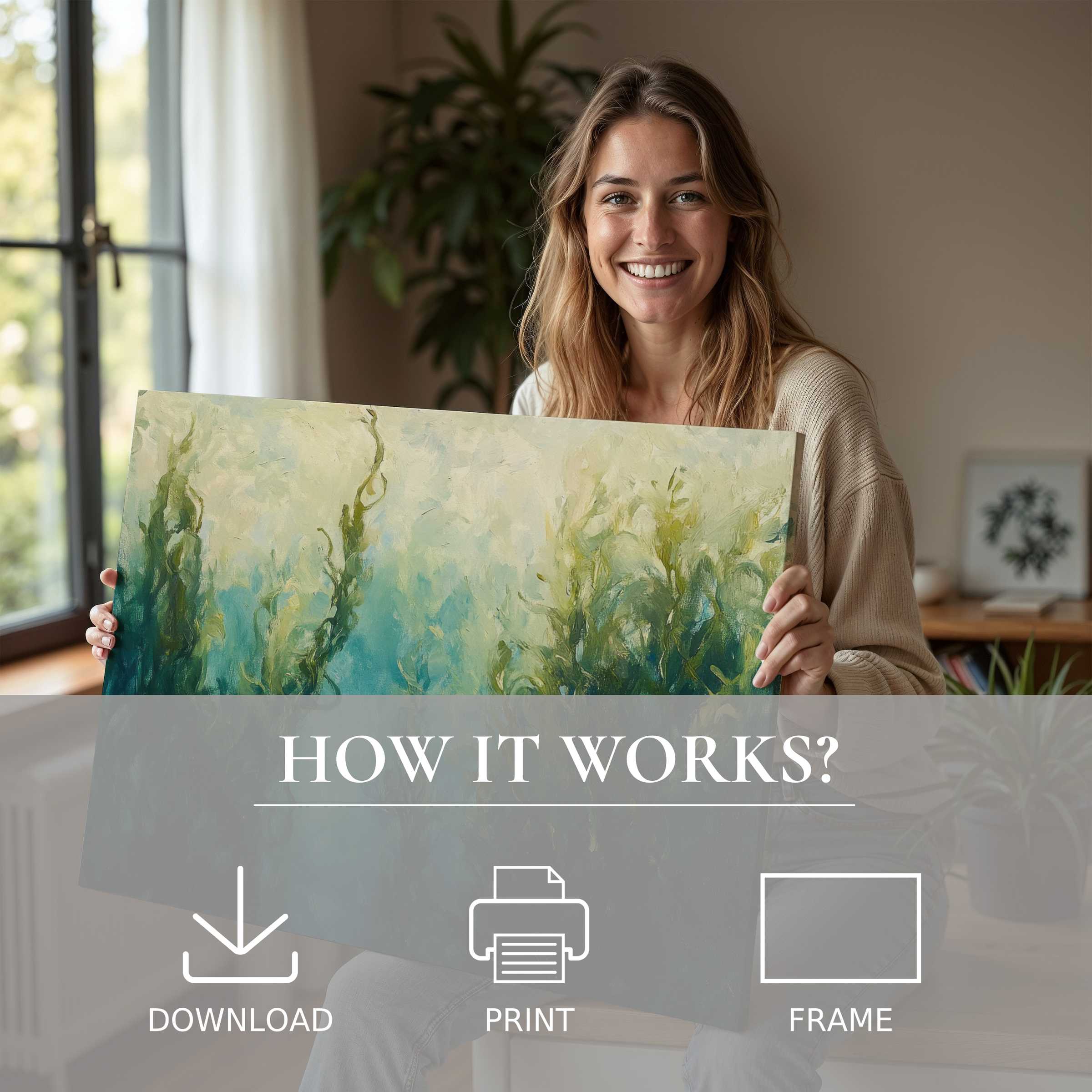 Coastal digital art print radiates calm, as joy and effortless elegance transform a modern home with serene, living beauty