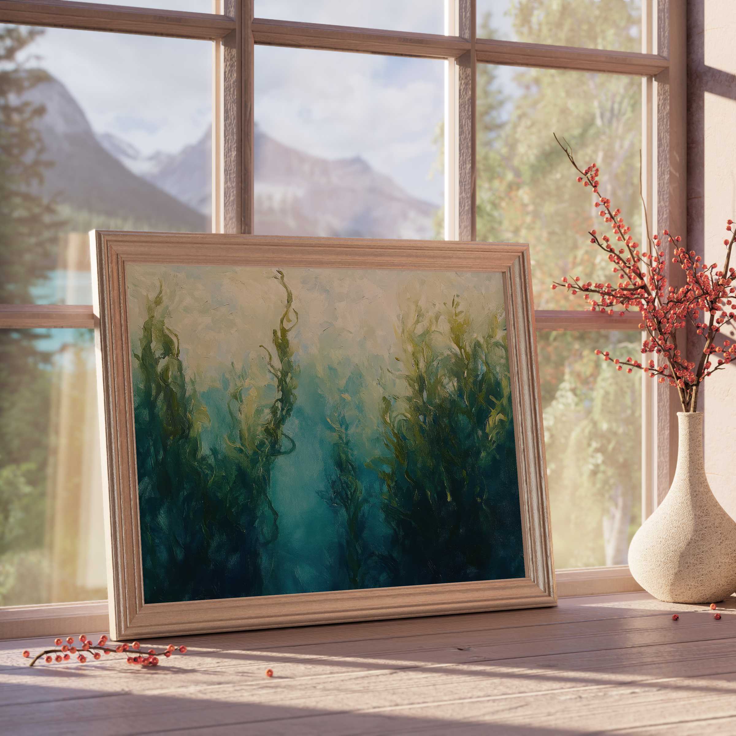 Coastal downloadable art capturing serene underwater kelp forests, adding tranquil, curated elegance to modern interiors