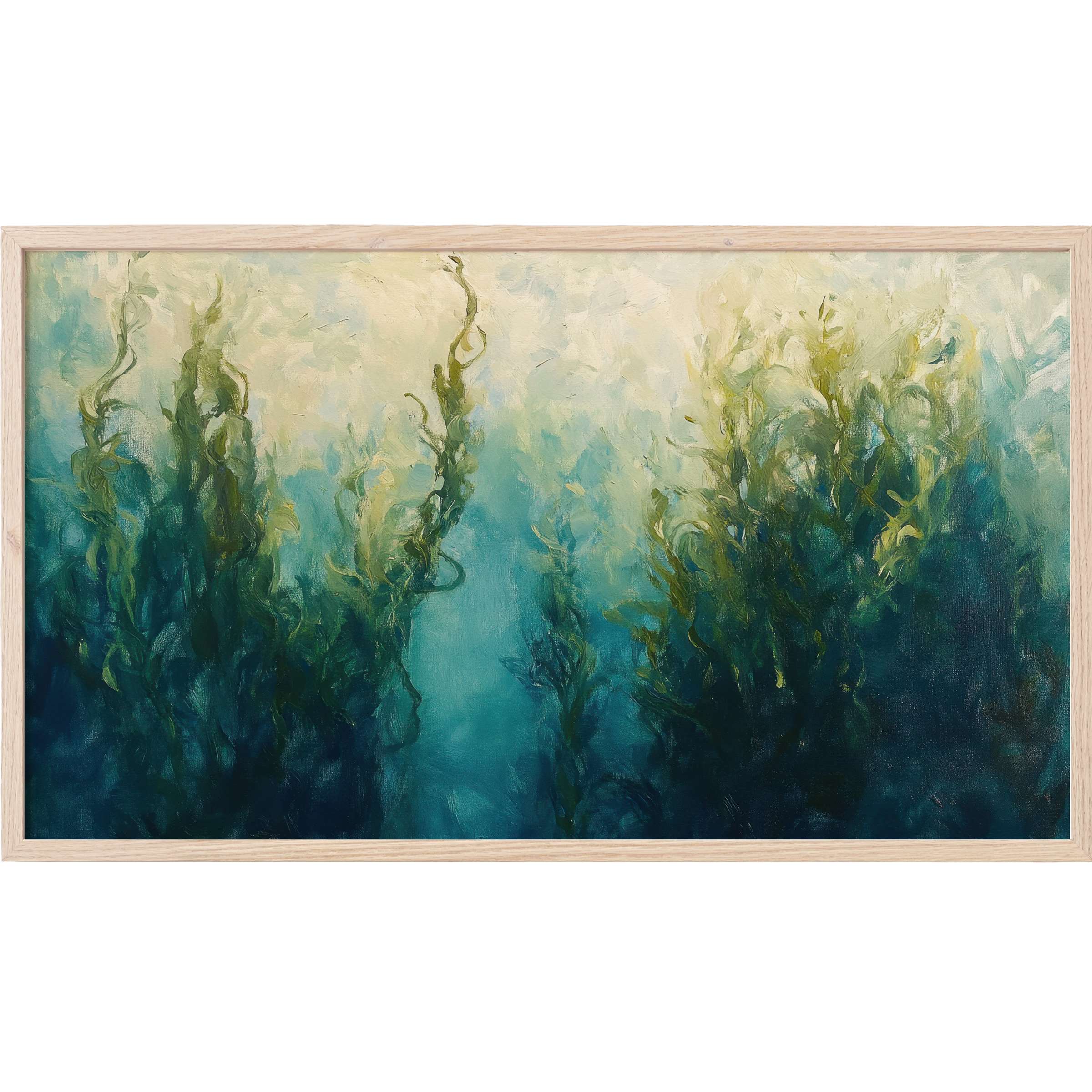 Underwater seaweed in deep blues and greens with soft light, a serene coastal Frame TV Art in modern style