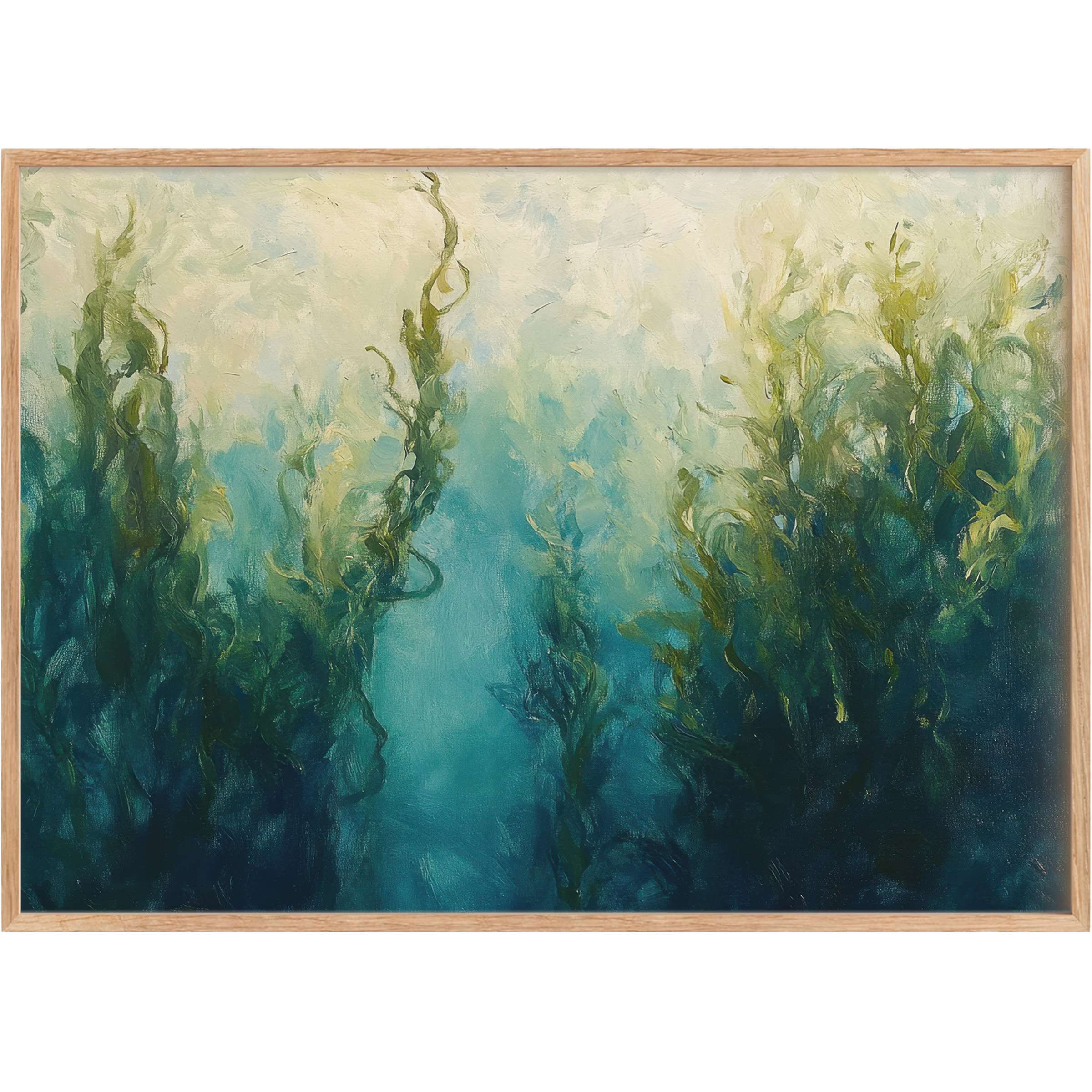 Coastal printable wall art capturing serene underwater greenery in deep blues and soft seafoam greens, evoking tranquil sophistication