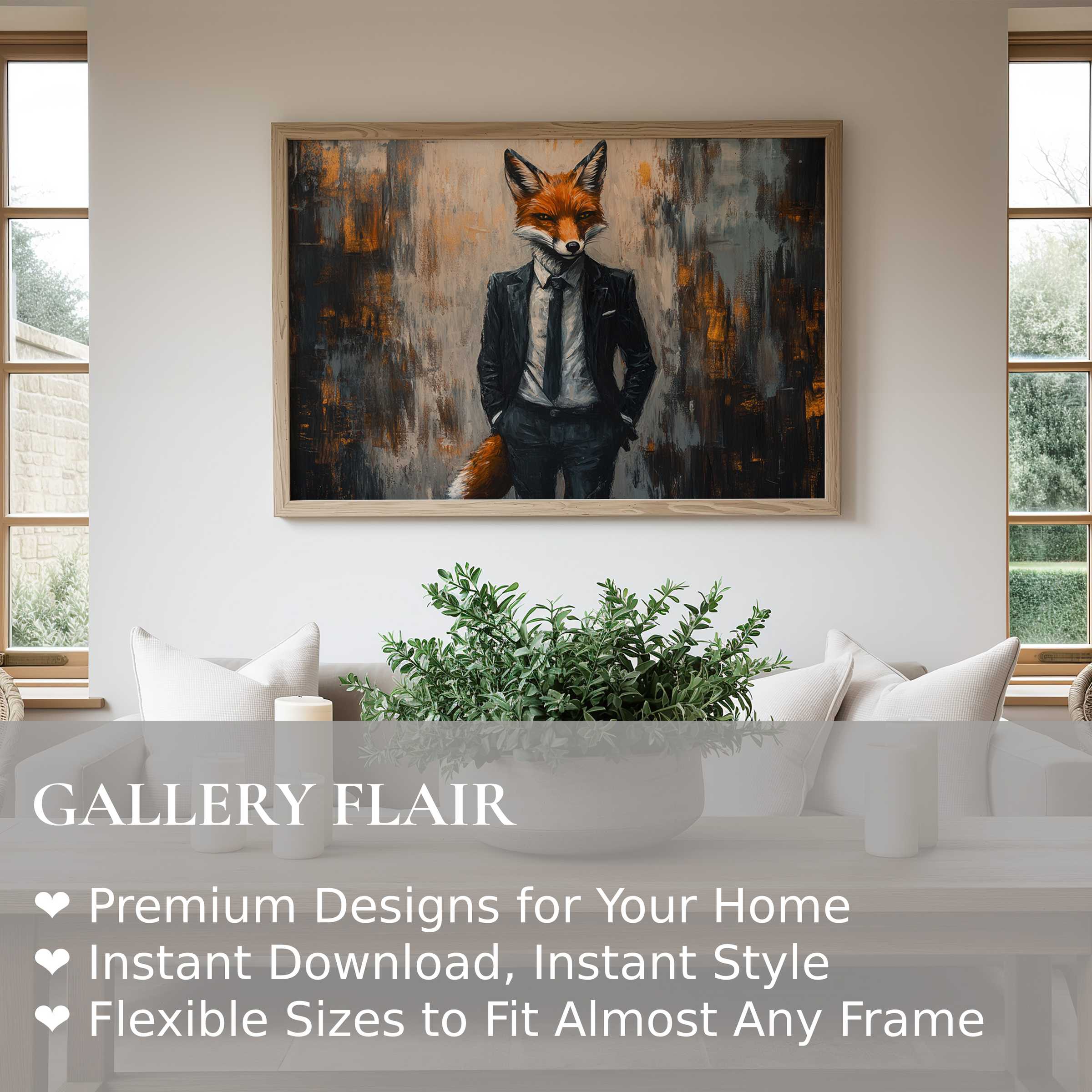 Street art wall art print of a dapper fox in a suit, blending bold urban edge with modern sophistication for stylish interiors