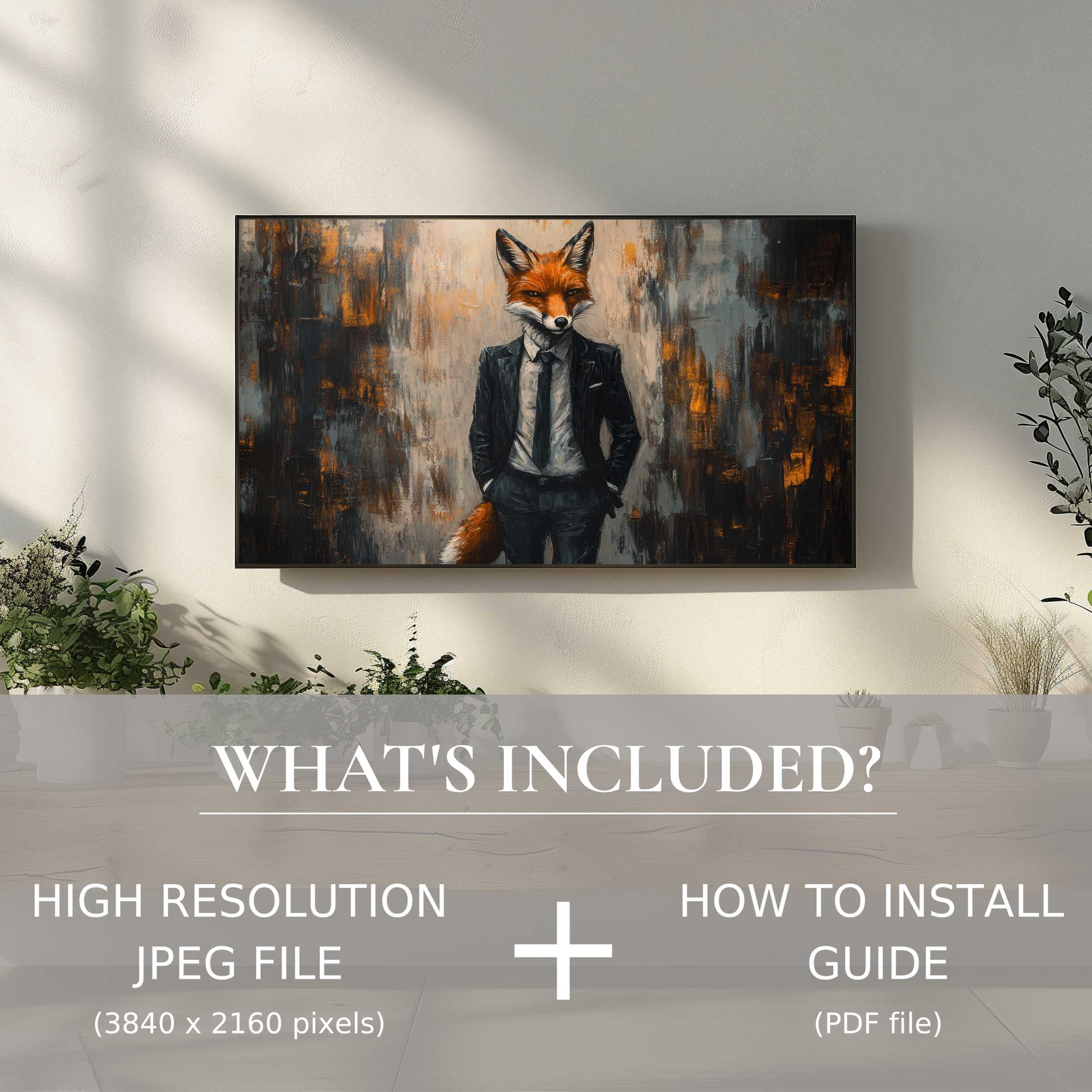 Elegant street art digital TV art download featuring a fox in suit, enhancing living spaces with easy digital use